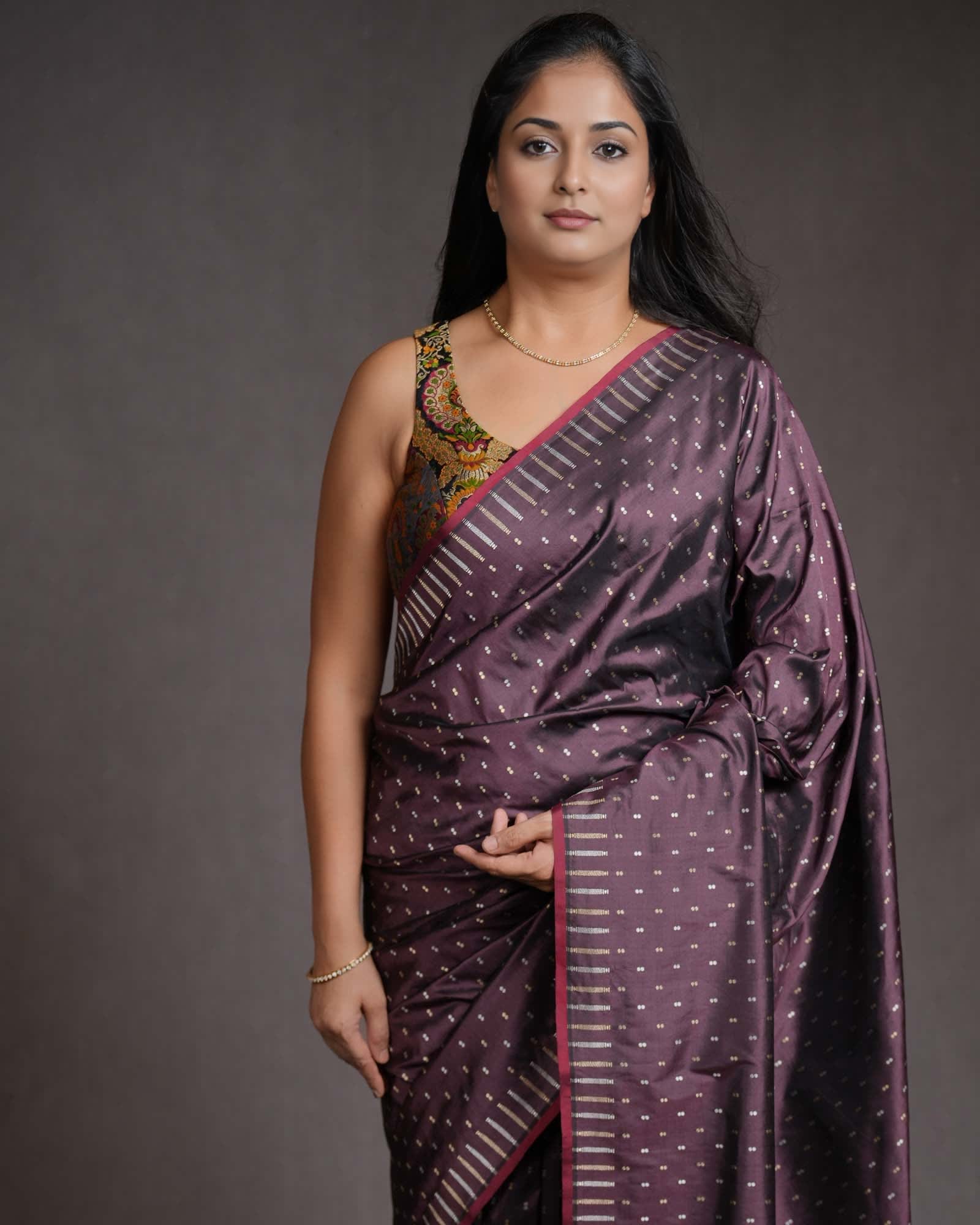 Maroon Banarasi Gold & Silver Zari Duet Polka Buti Cutwork Brocade Handwoven Katan Silk Saree with Gita Shlok Blouse-HolyWeaves