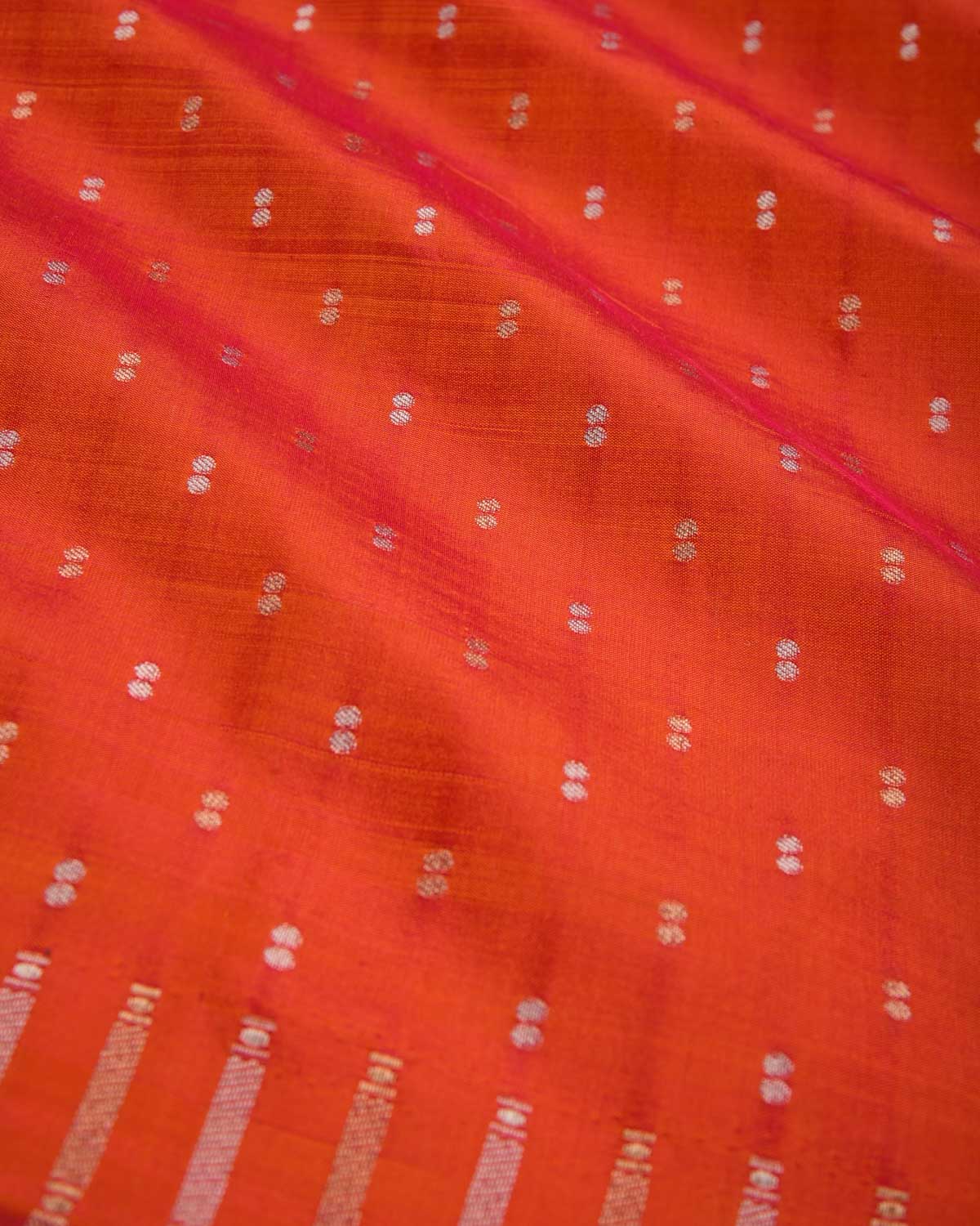 Shot Orange Banarasi Gold & Silver Zari Duet Polka Buti Cutwork Brocade Handwoven Katan Silk Saree with Gita Shlok Blouse-HolyWeaves