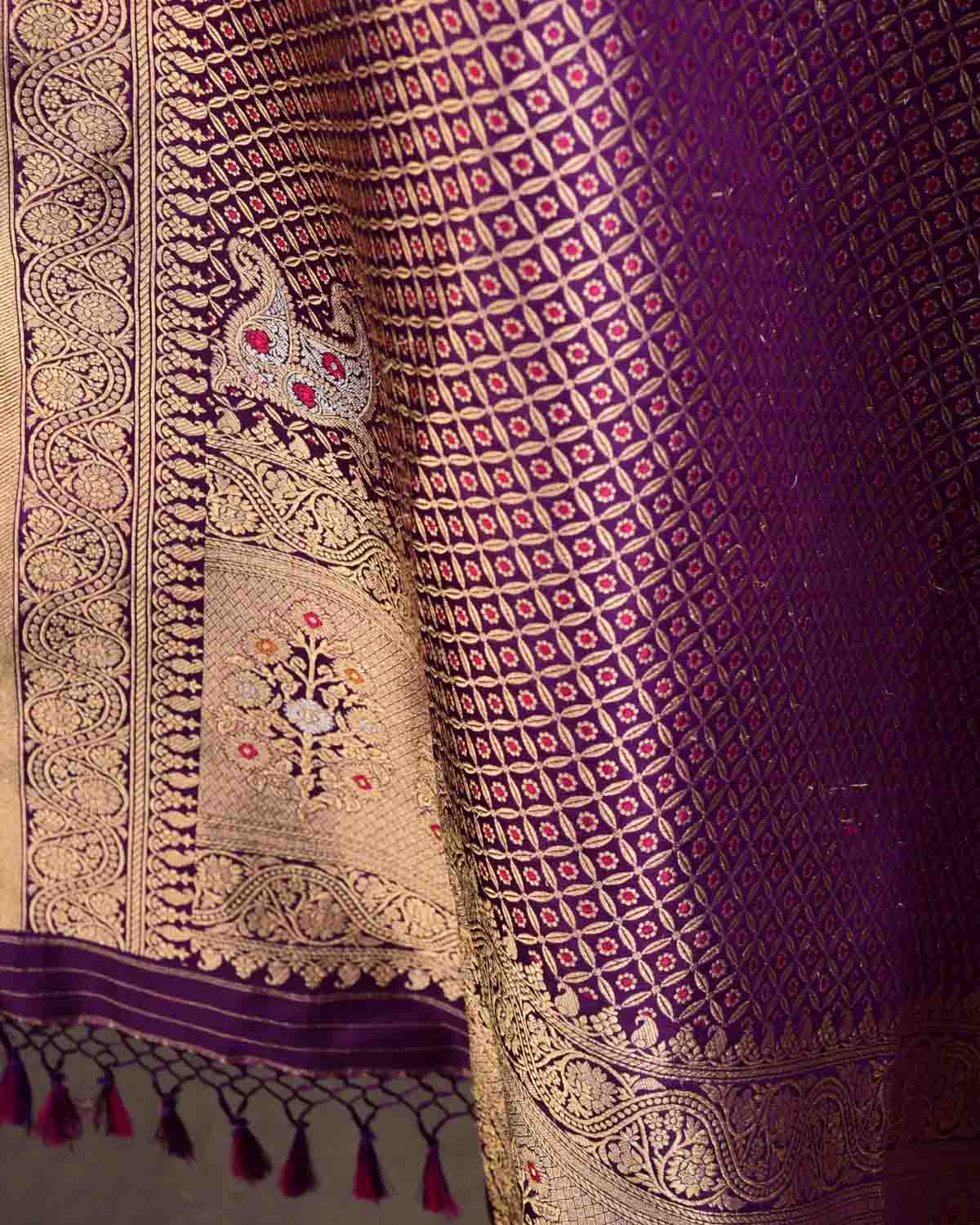 Purple Banarasi Gold Zari & Meena Cutwork Brocade Handwoven Katan Silk Dupatta-HolyWeaves