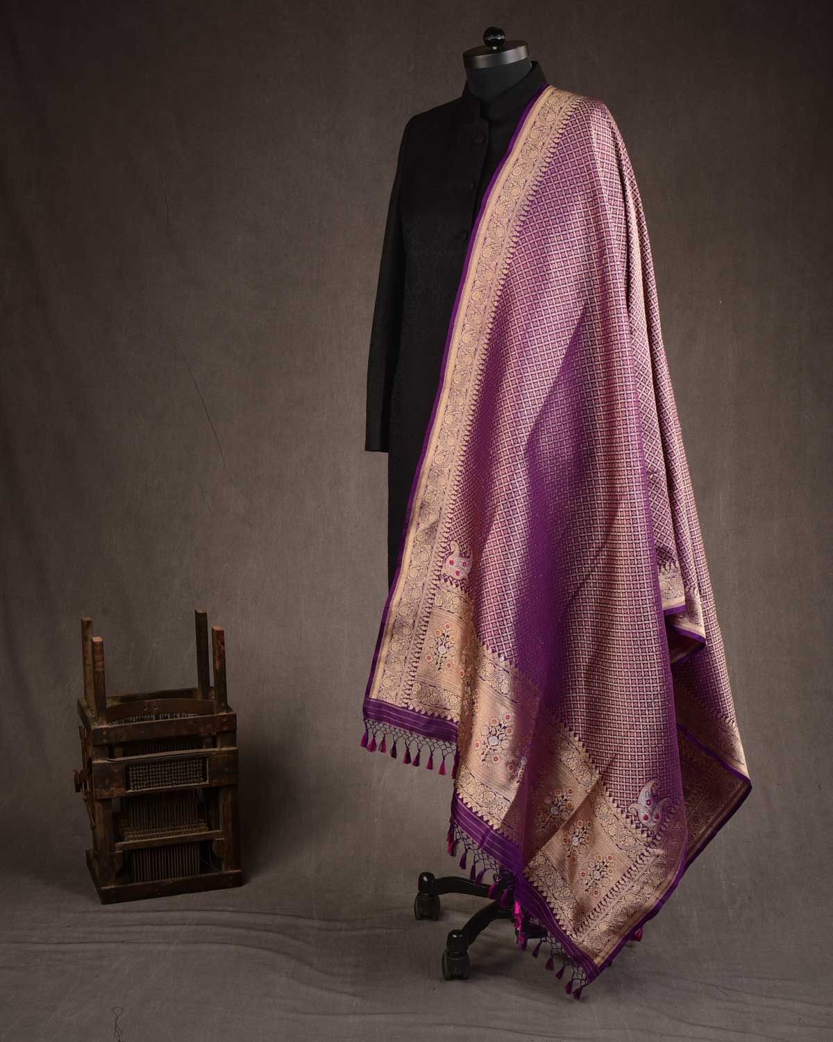 Purple Banarasi Gold Zari & Meena Cutwork Brocade Handwoven Katan Silk Dupatta-HolyWeaves