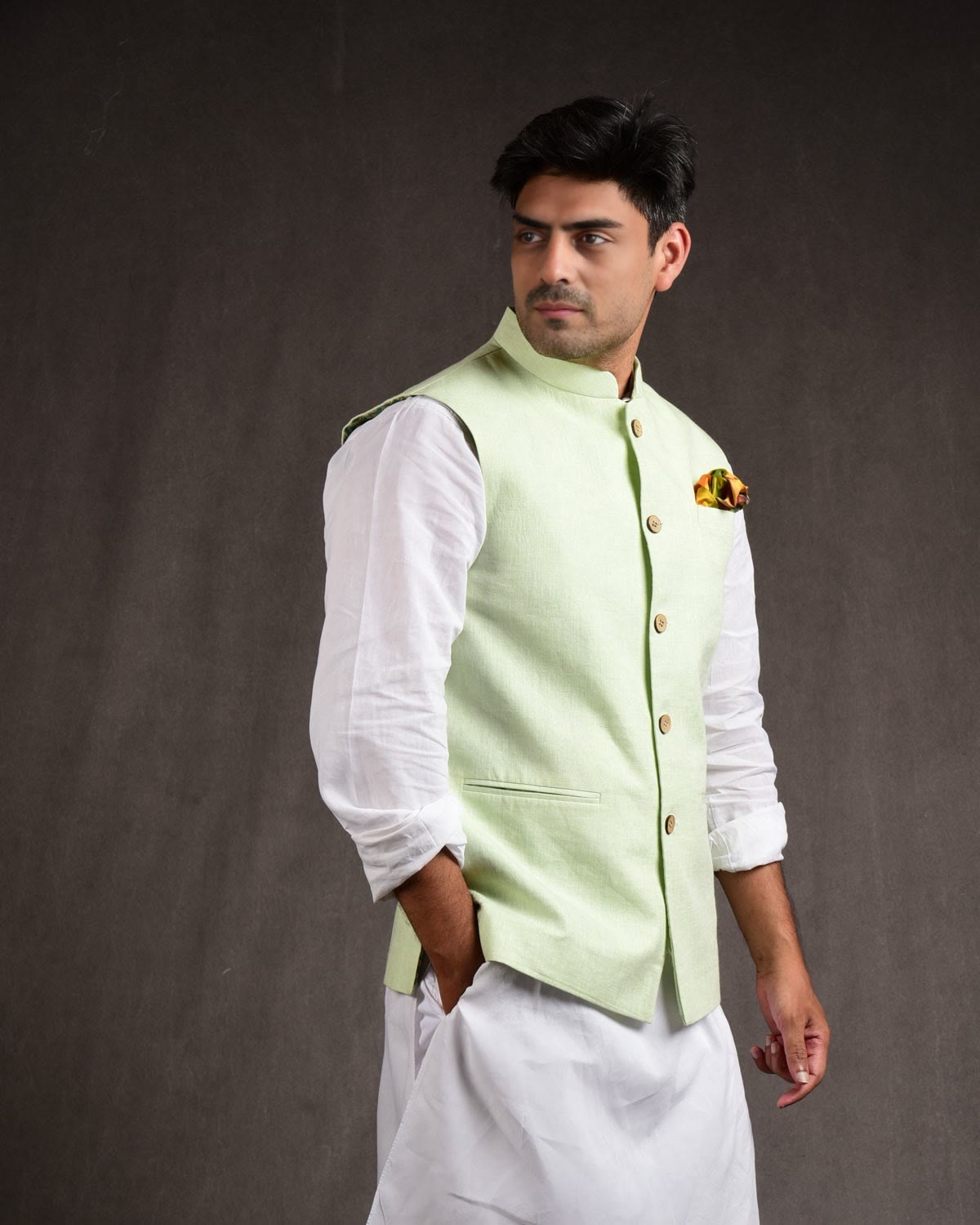 Pastel Green Linen Mens Modi Jacket-HolyWeaves