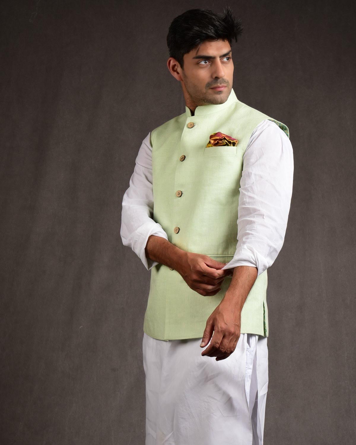 Pastel Green Linen Mens Modi Jacket-HolyWeaves