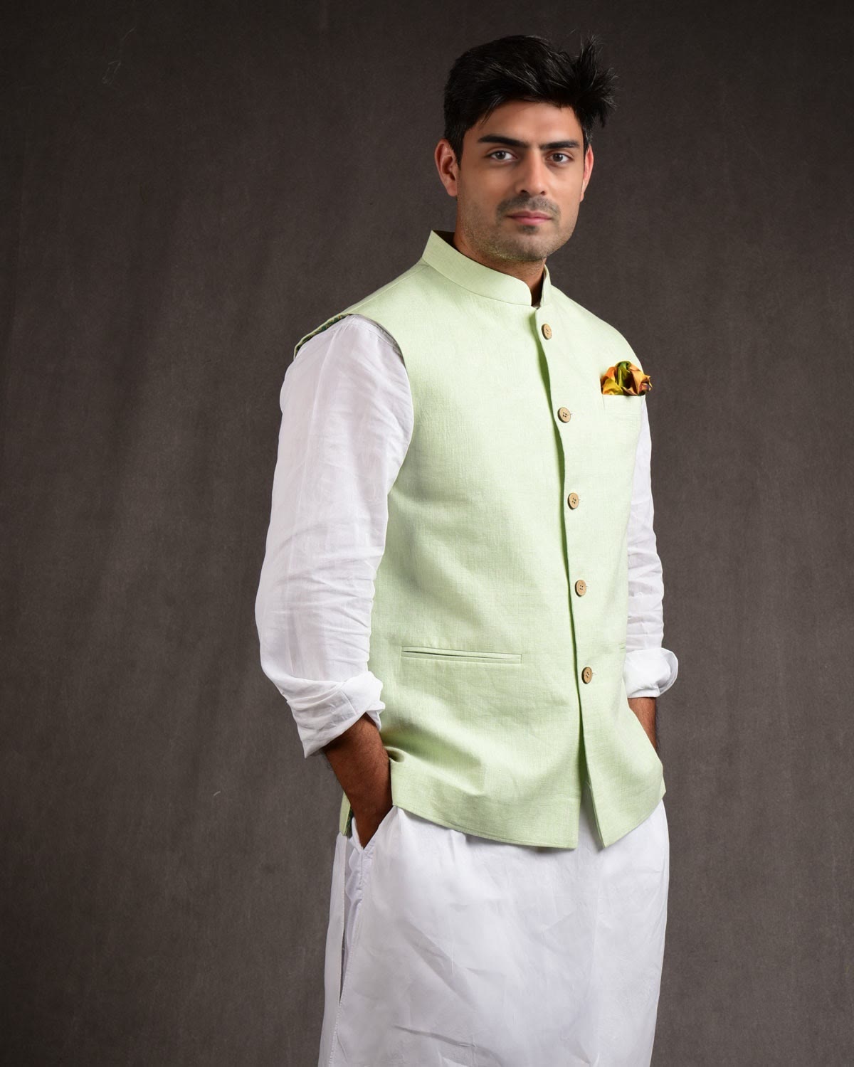 Pastel Green Linen Mens Modi Jacket-HolyWeaves