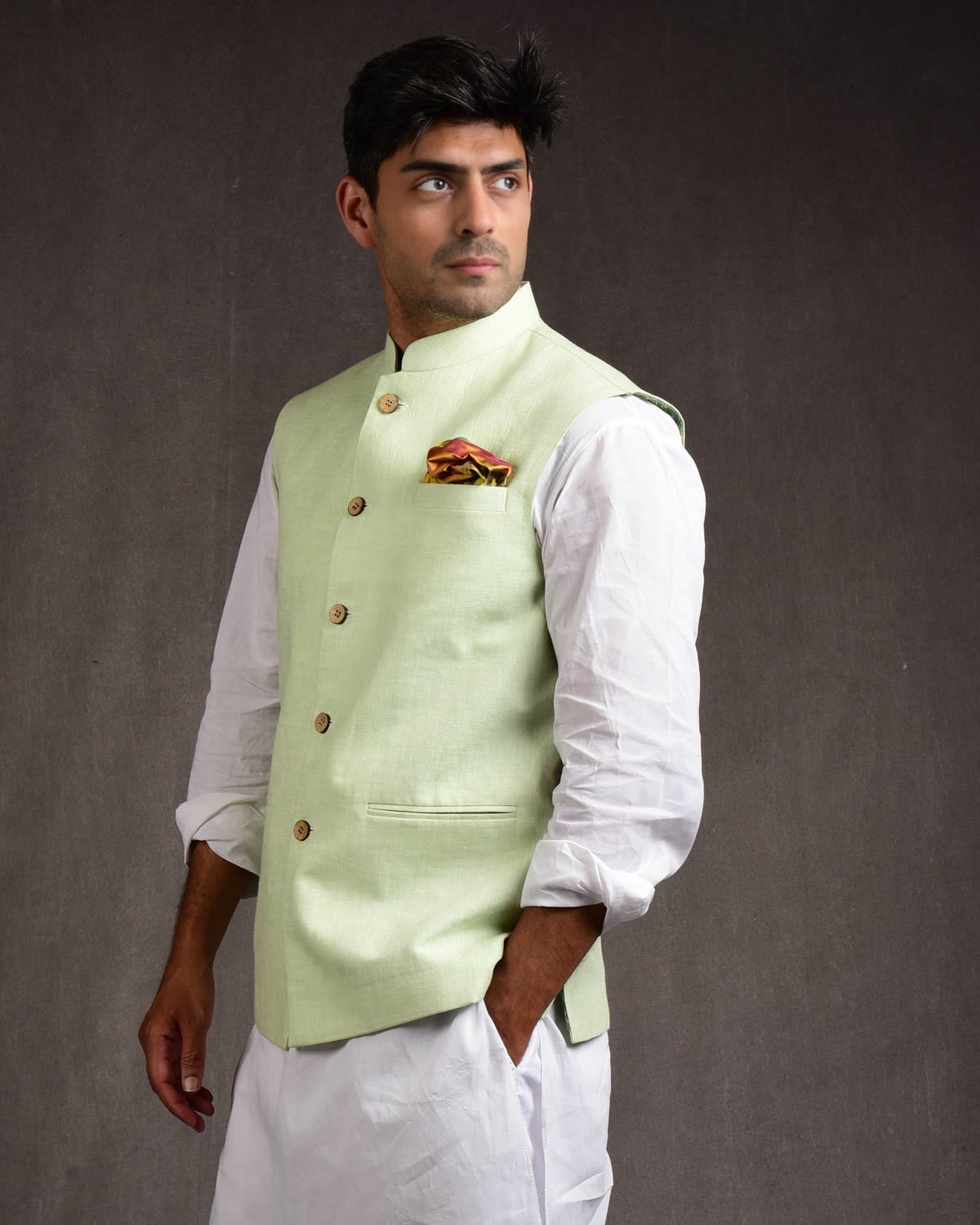 Pastel Green Linen Mens Modi Jacket-HolyWeaves