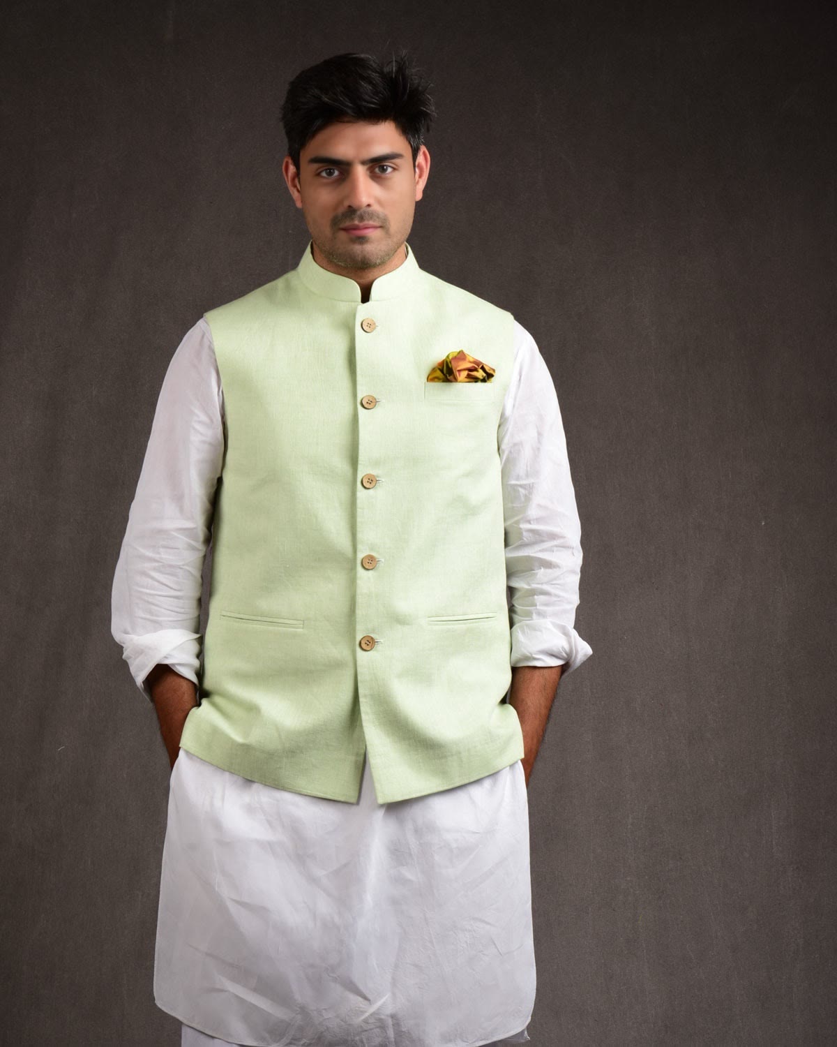 Pastel Green Linen Mens Modi Jacket-HolyWeaves