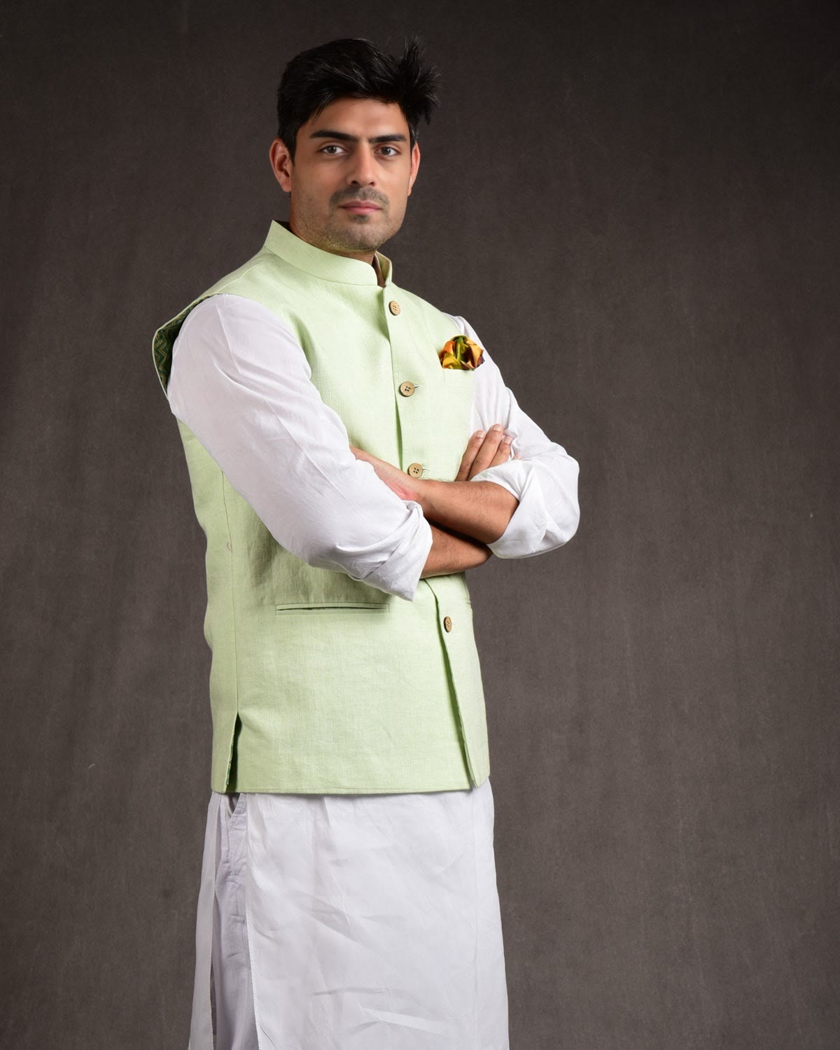 Pastel Green Linen Mens Modi Jacket-HolyWeaves