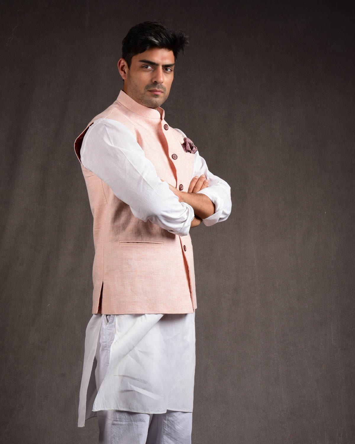 Pastel Peach Linen Mens Modi Jacket-HolyWeaves