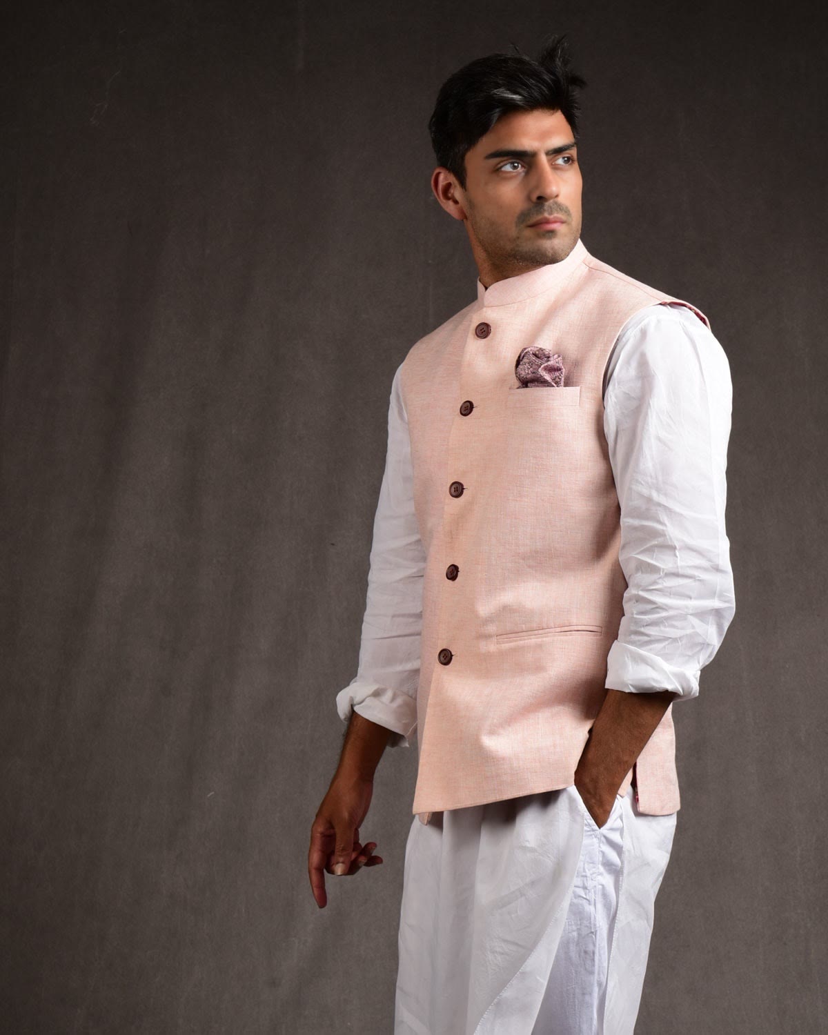 Pastel Peach Linen Mens Modi Jacket-HolyWeaves