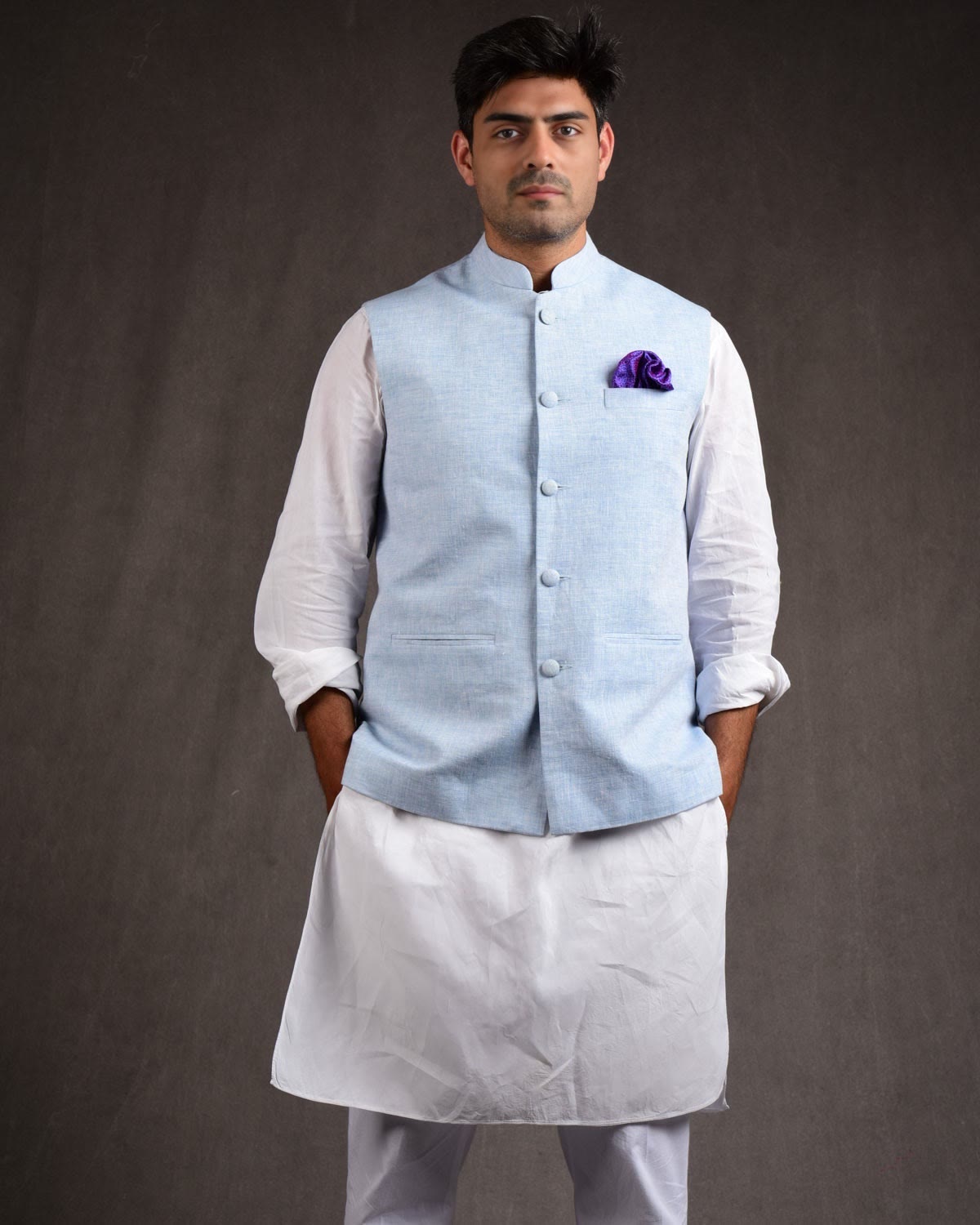 Textured Sky Blue Linen Mens Modi Jacket with Jaipur Cotton Lining-HolyWeaves