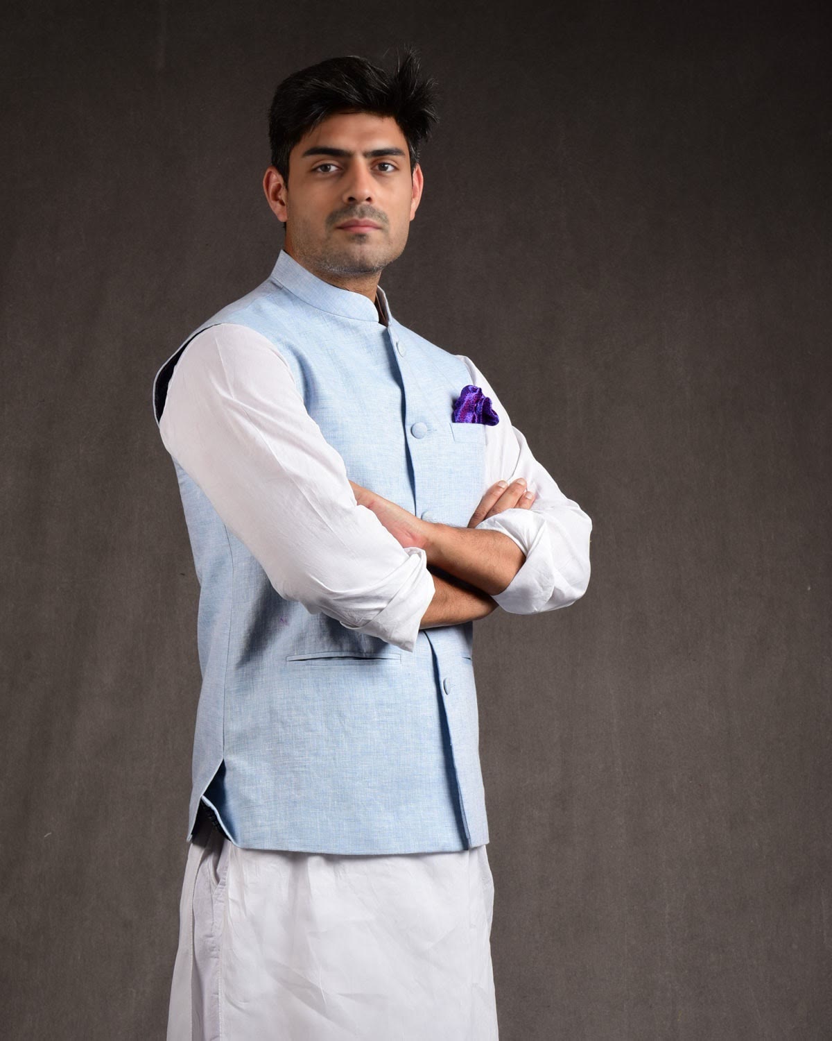 Textured Sky Blue Linen Mens Modi Jacket with Jaipur Cotton Lining-HolyWeaves