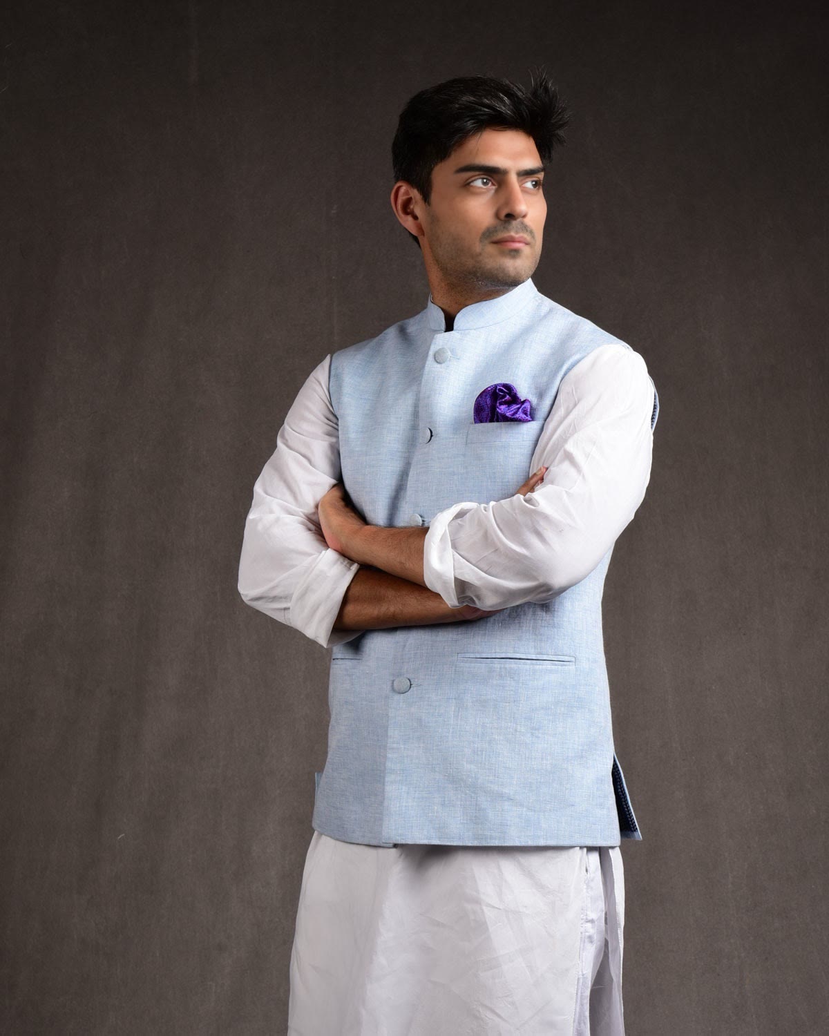 Textured Sky Blue Linen Mens Modi Jacket with Jaipur Cotton Lining-HolyWeaves