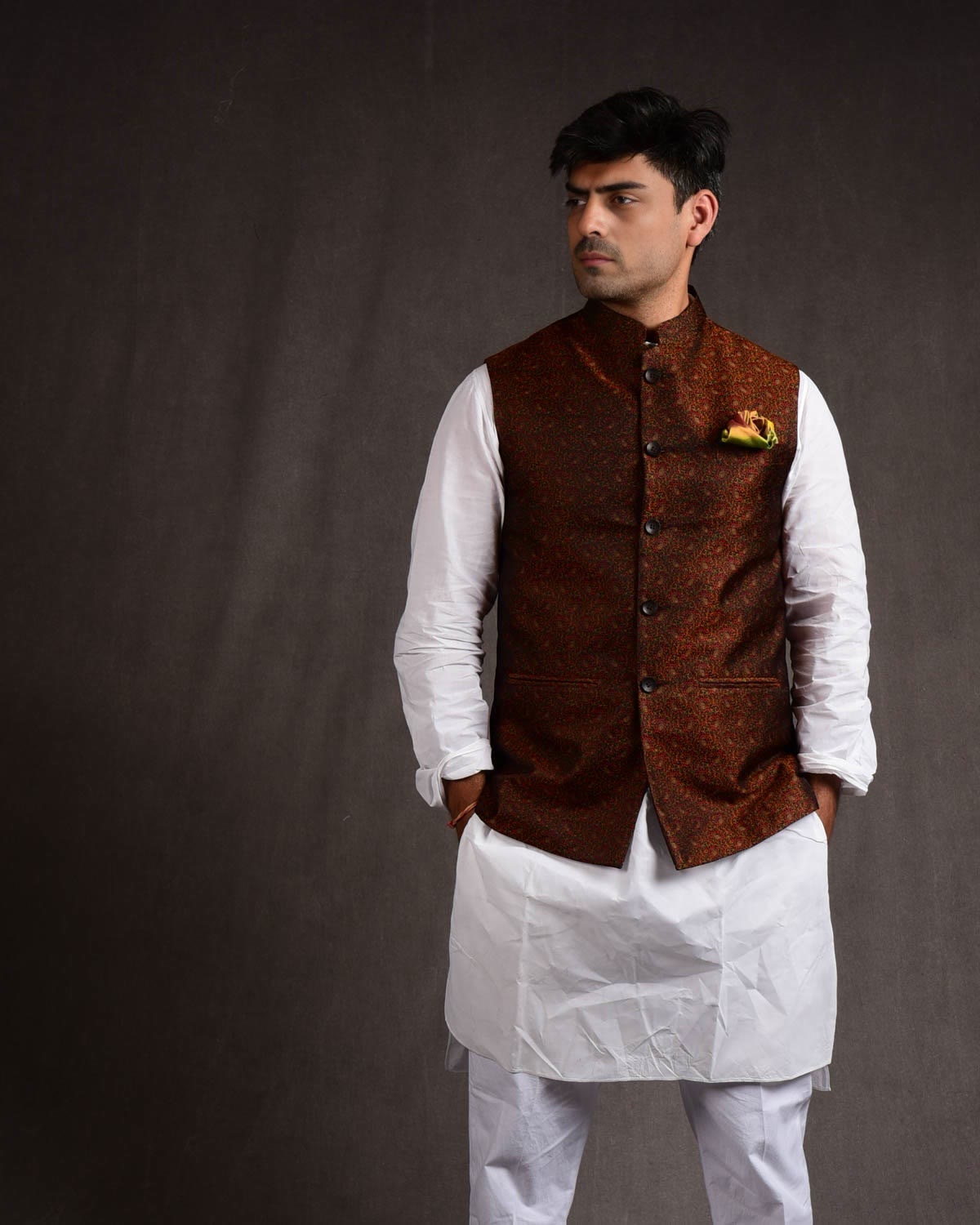 Black Tehra Jamawar Silk Mens Modi Jacket-HolyWeaves