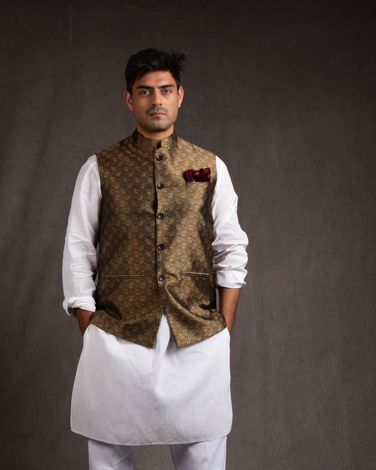 Brown Tehra Jamawar Silk Mens Modi Jacket-HolyWeaves