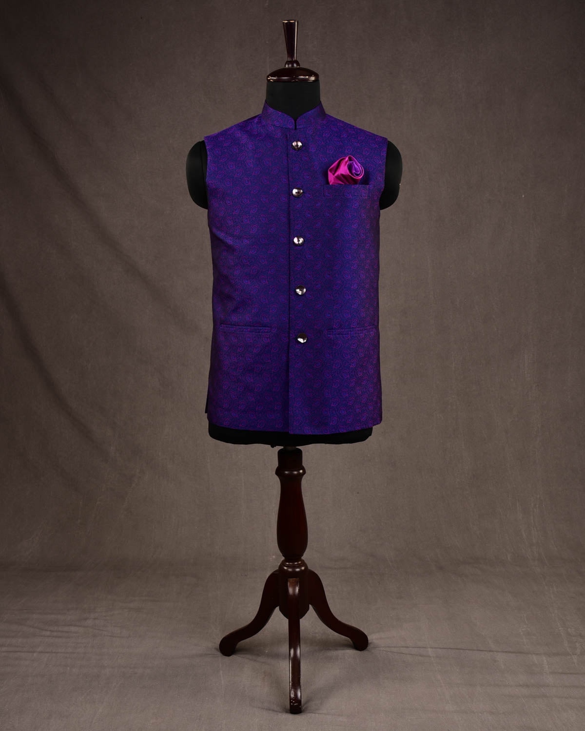 Purple Alfi Paisley Jamawar Handwoven Silk Mens Modi Jacket-HolyWeaves