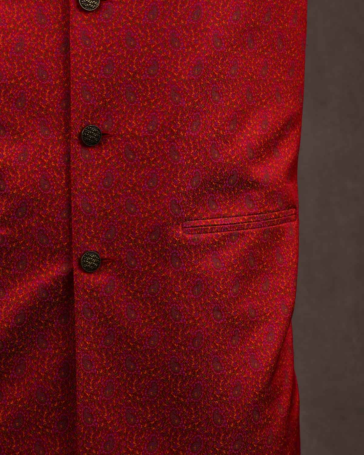 Red Tehri Paisley Jamawar Handwoven Silk Mens Modi Jacket-HolyWeaves