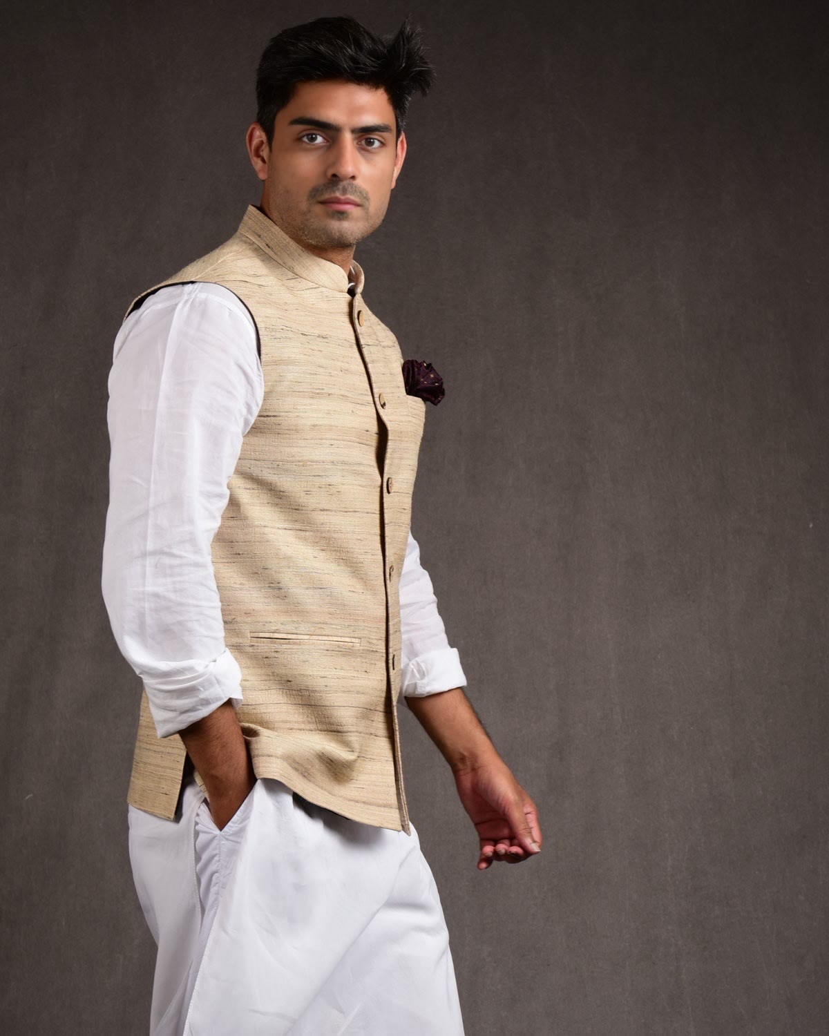 Textured Beige Tasar Khichha Mens Modi Jacket-HolyWeaves