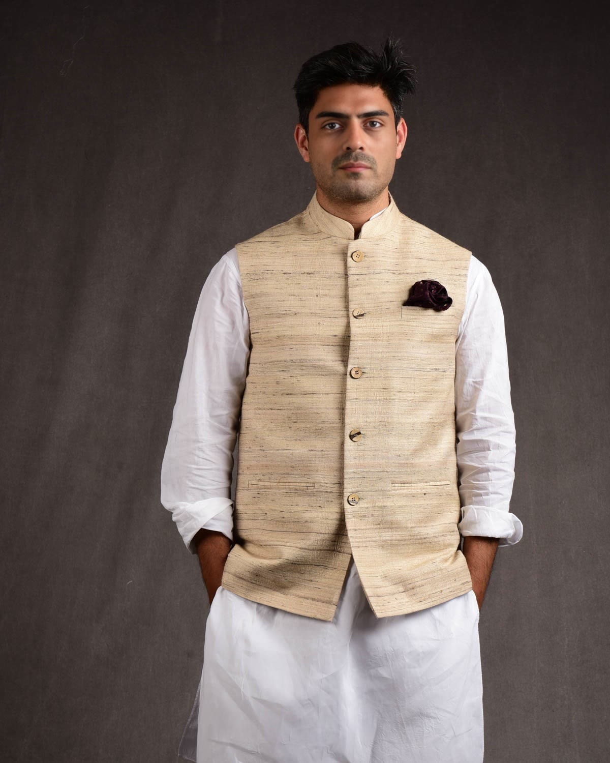 Textured Beige Tasar Khichha Mens Modi Jacket-HolyWeaves