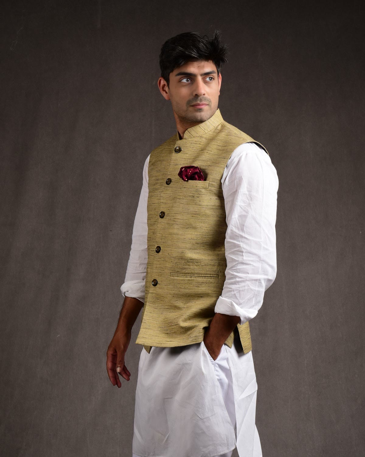 Textured Beige Tasar Khichha Mens Modi Jacket-HolyWeaves