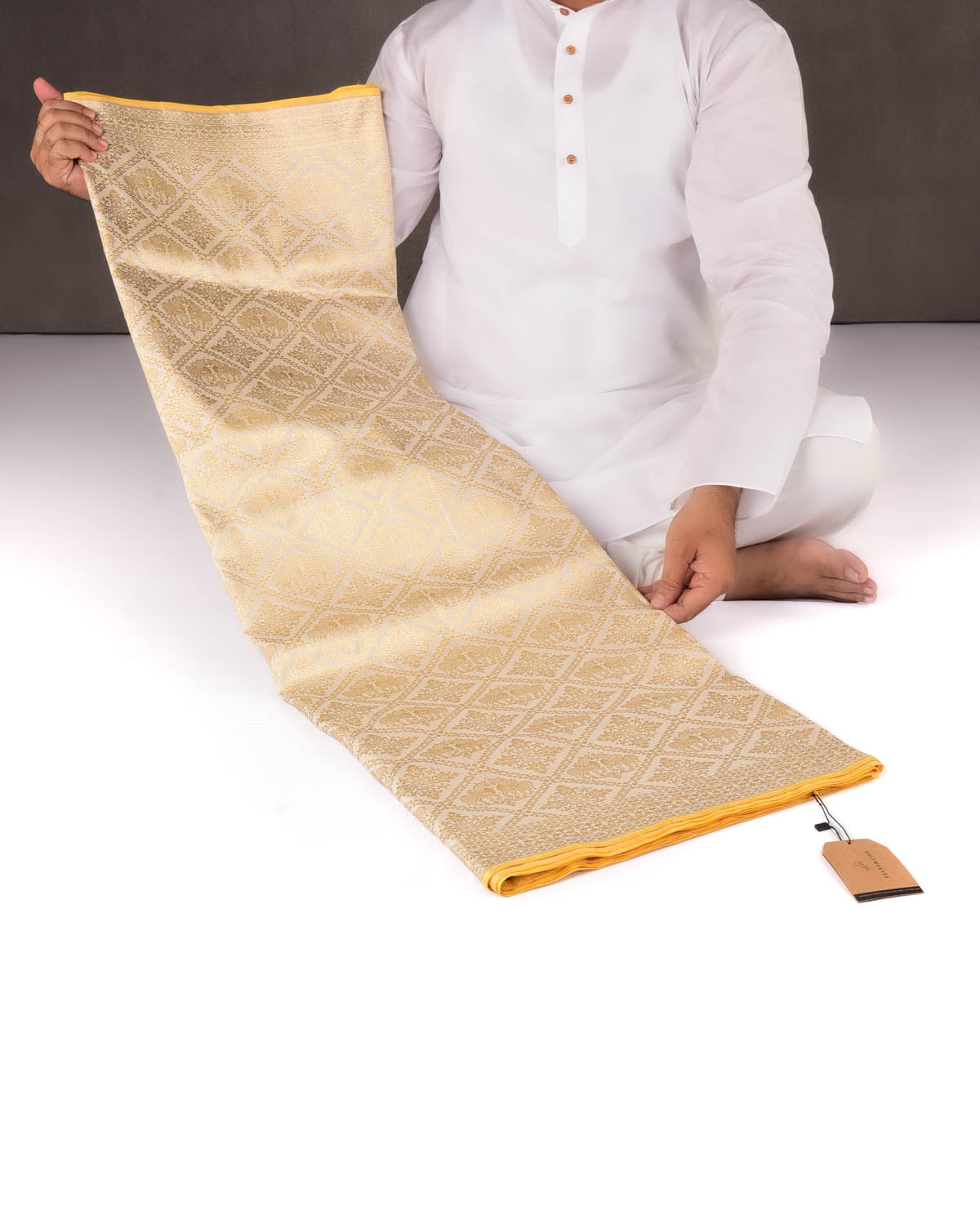 Cream Banarasi Gold Zari Horses Buta Grids Brocade Handwoven Katan Silk Saree with Yellow Selvage-HolyWeaves