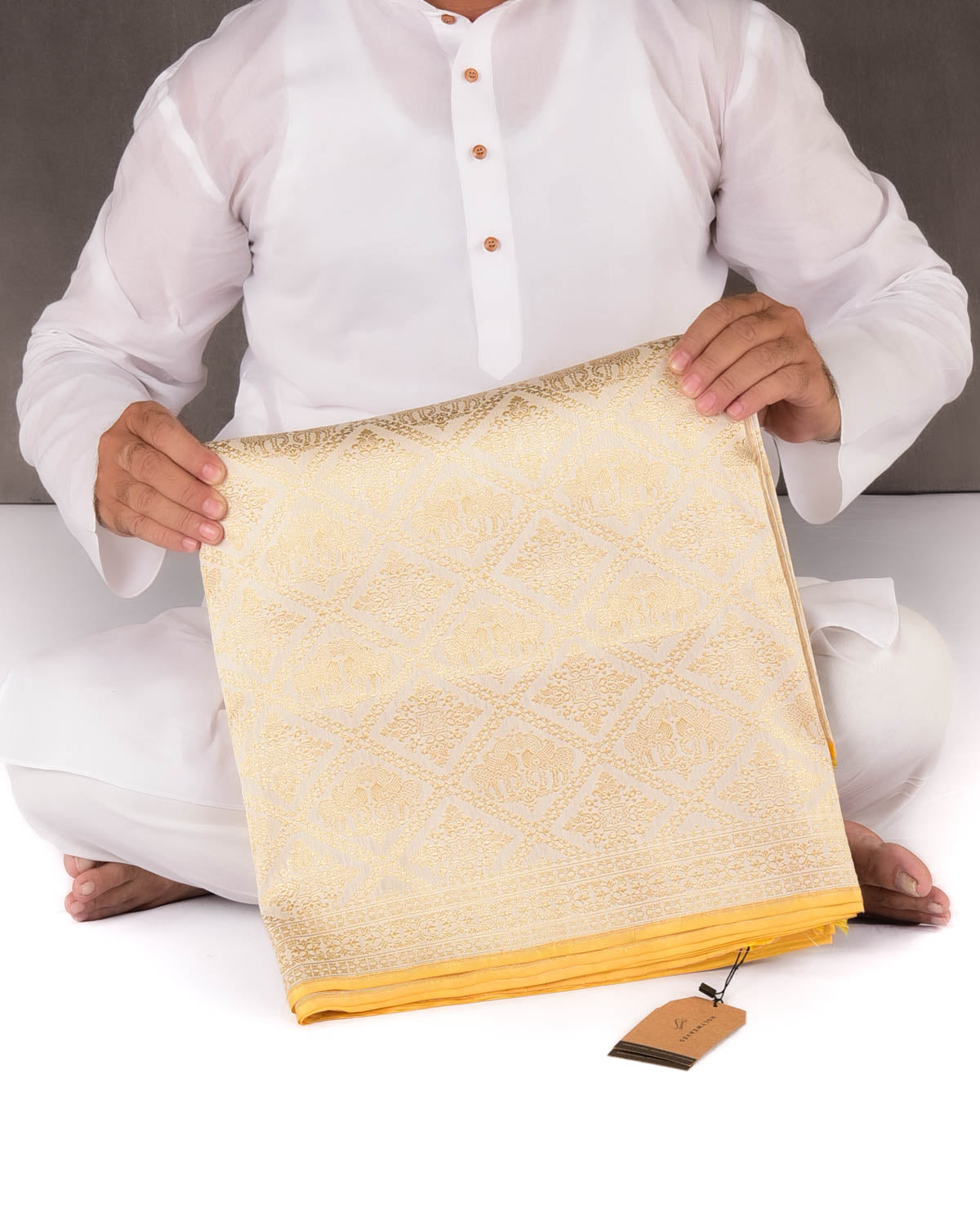 Cream Banarasi Gold Zari Horses Buta Grids Brocade Handwoven Katan Silk Saree with Yellow Selvage-HolyWeaves