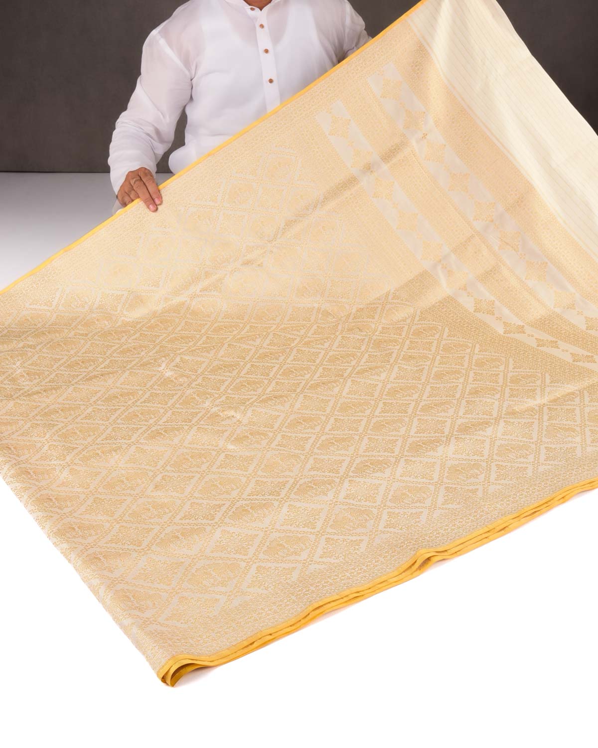 Cream Banarasi Gold Zari Horses Buta Grids Brocade Handwoven Katan Silk Saree with Yellow Selvage-HolyWeaves