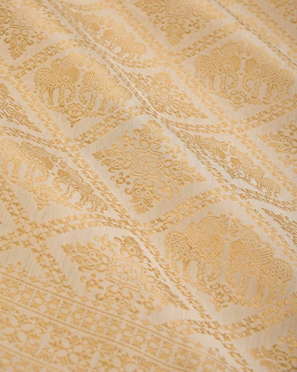 Cream Banarasi Gold Zari Horses Buta Grids Brocade Handwoven Katan Silk Saree with Yellow Selvage-HolyWeaves