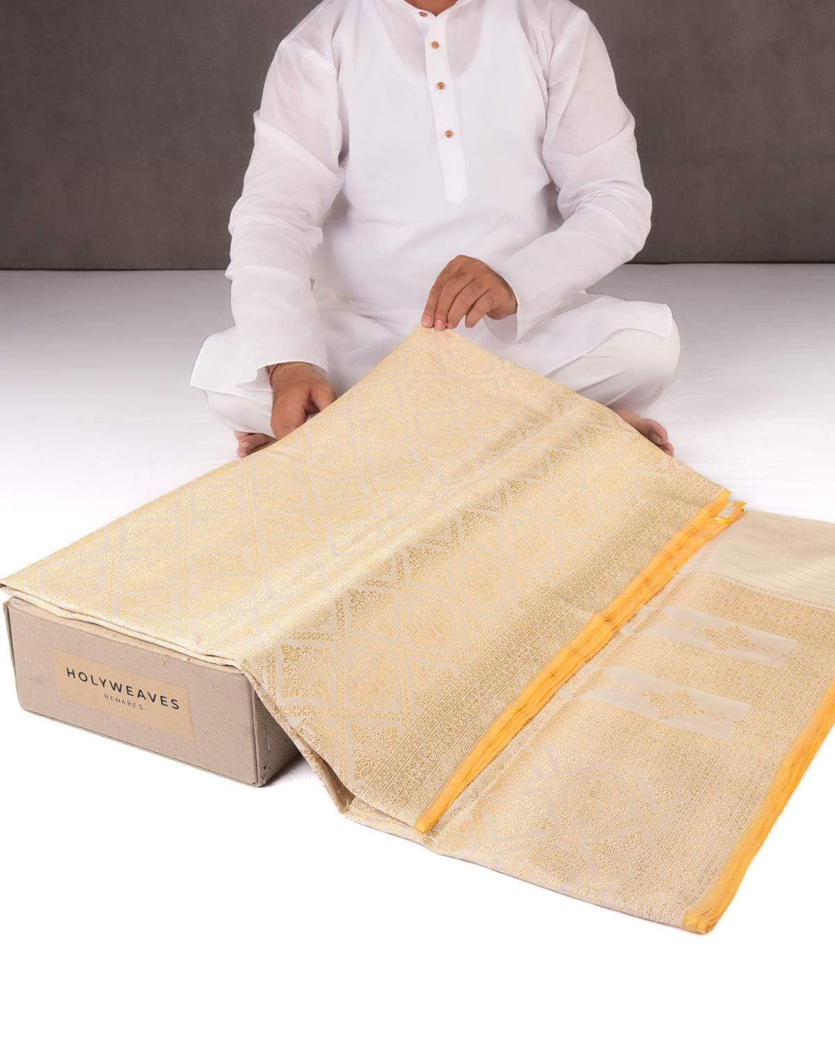 Cream Banarasi Gold Zari Horses Buta Grids Brocade Handwoven Katan Silk Saree with Yellow Selvage-HolyWeaves