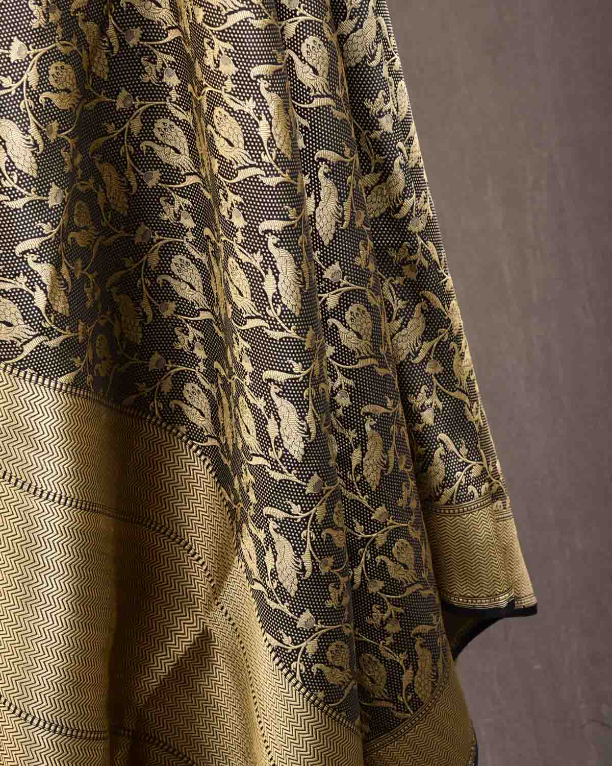 Black Banarasi Gold Zari Peacock Jaal Brocade Handwoven Katan Silk Dupatta-HolyWeaves