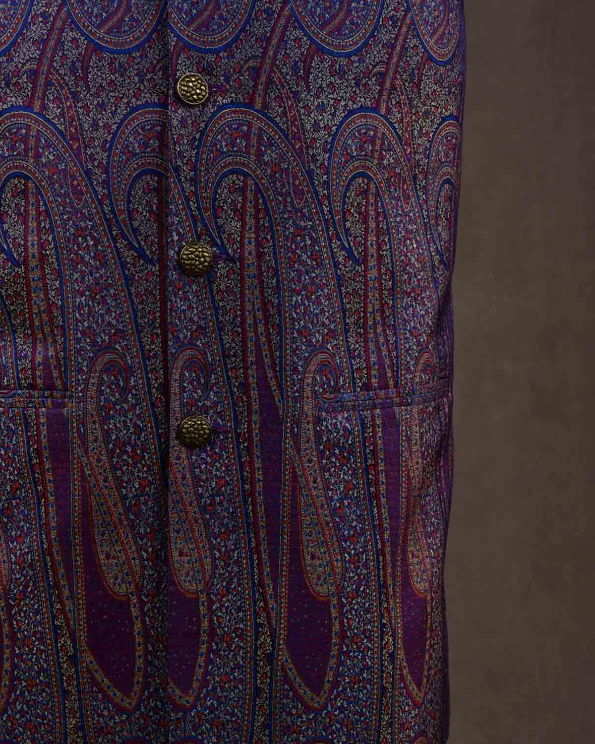 Blue Paisley Chauhara Jamawar Handwoven Silk Mens Modi Jacket-HolyWeaves