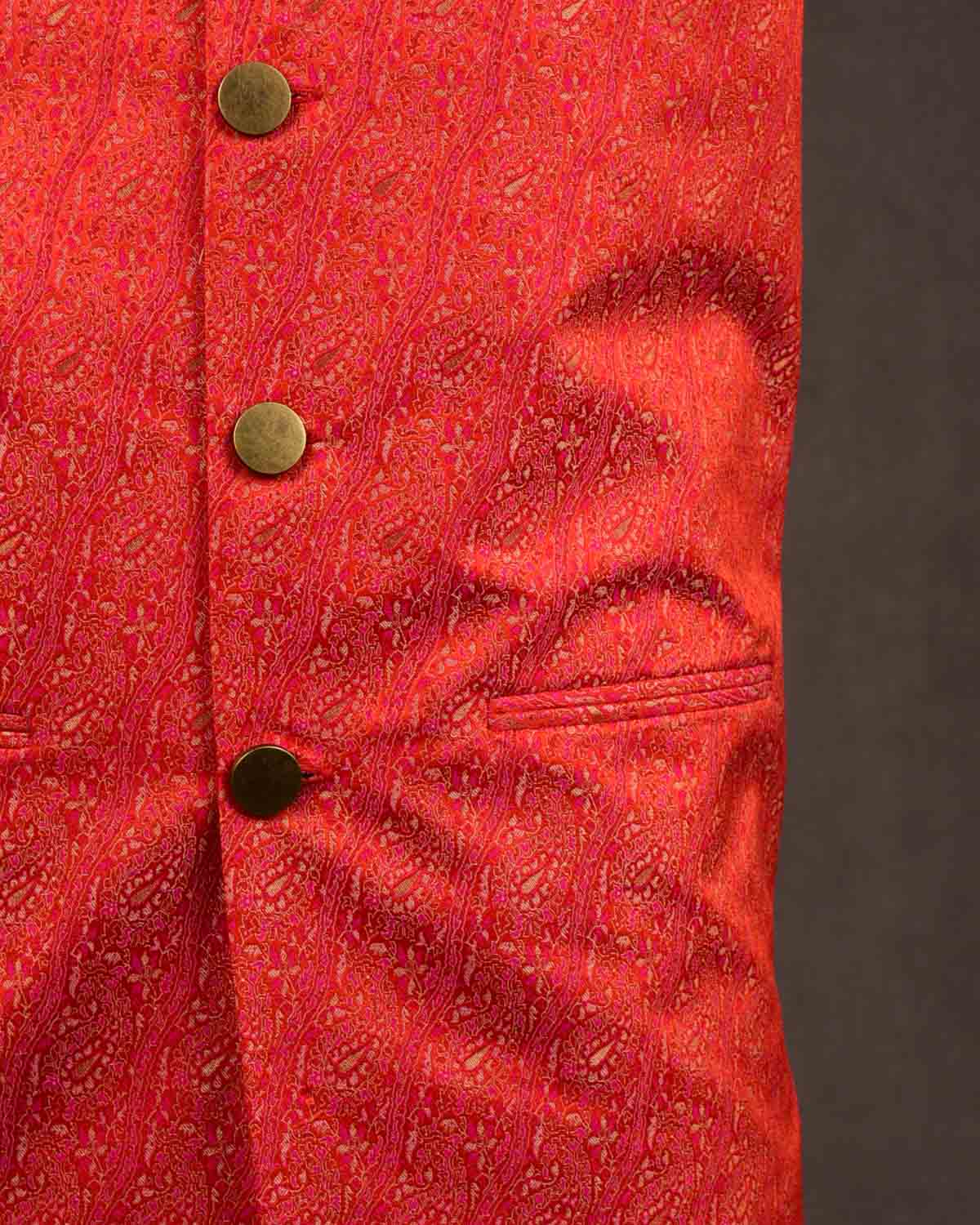 Vermilion Diagonal Paisley Tehra Jamawar Handwoven Silk Mens Modi Jacket with Gold Zari Accents-HolyWeaves