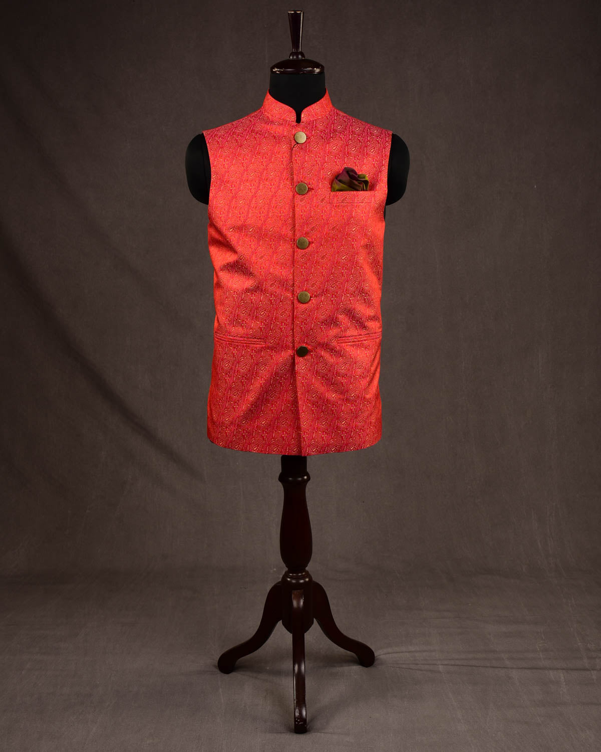 Vermilion Diagonal Paisley Tehra Jamawar Handwoven Silk Mens Modi Jacket with Gold Zari Accents-HolyWeaves