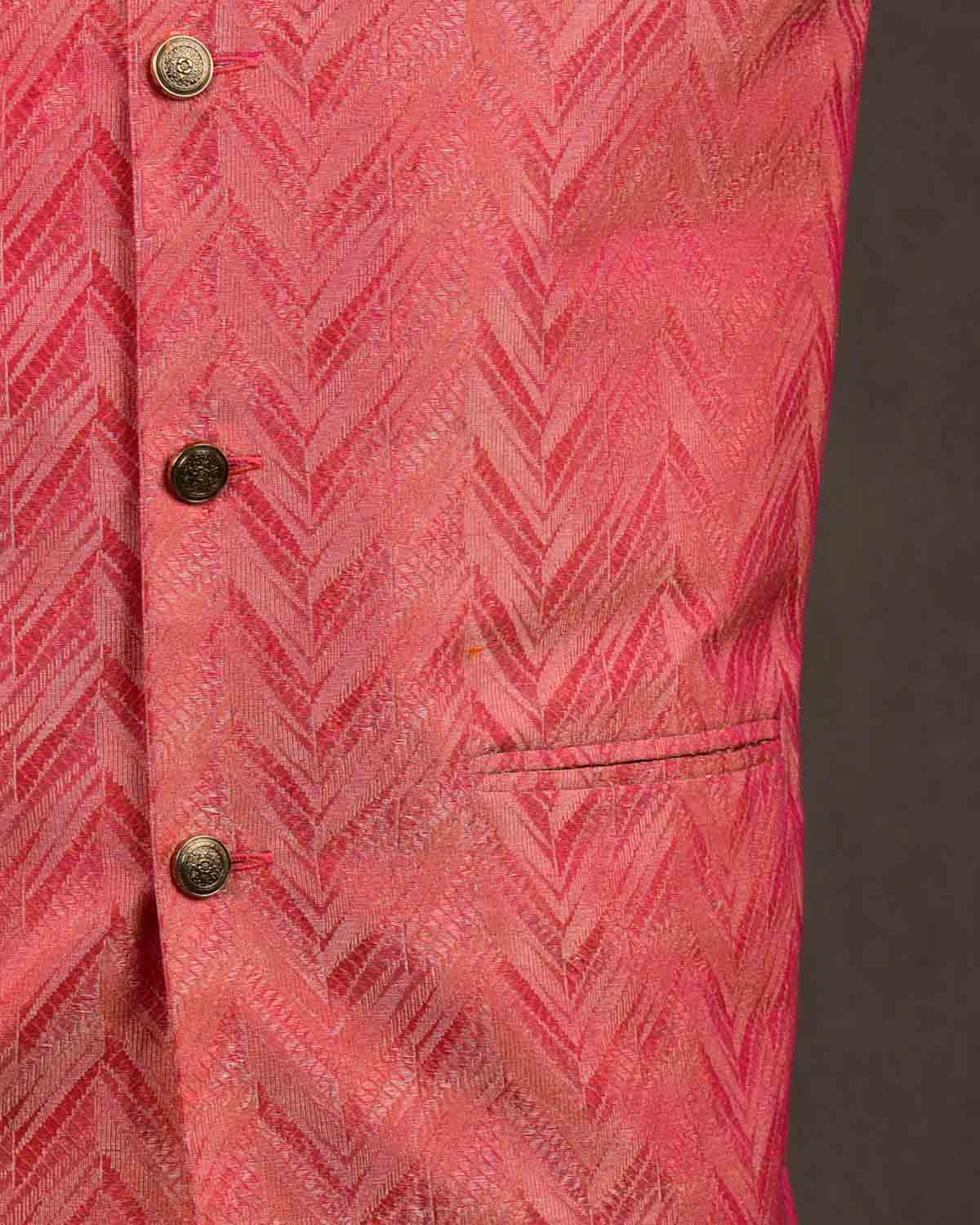 Vermilion Gold & Silver Zari Glitch Chevron Brocade Handwoven Silk Mens Modi Jacket-HolyWeaves