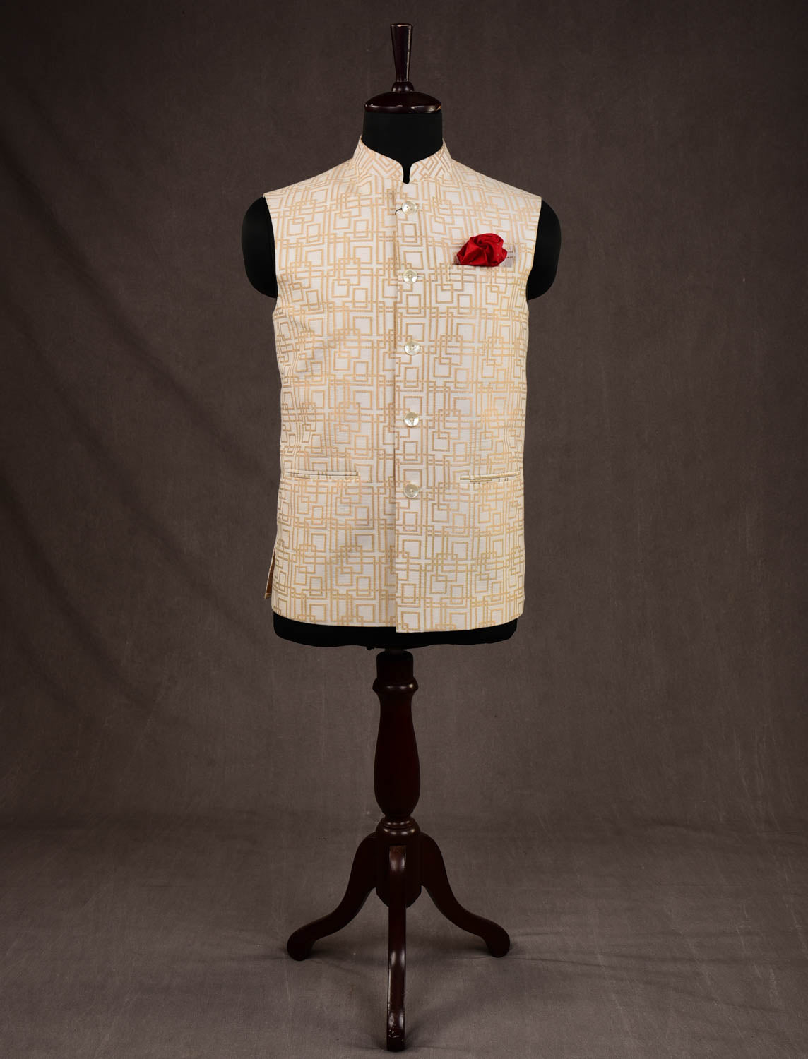 Ivory White Gold Zari Square Grids Brocade Handwoven Cotton Silk Mens Modi Jacket-HolyWeaves