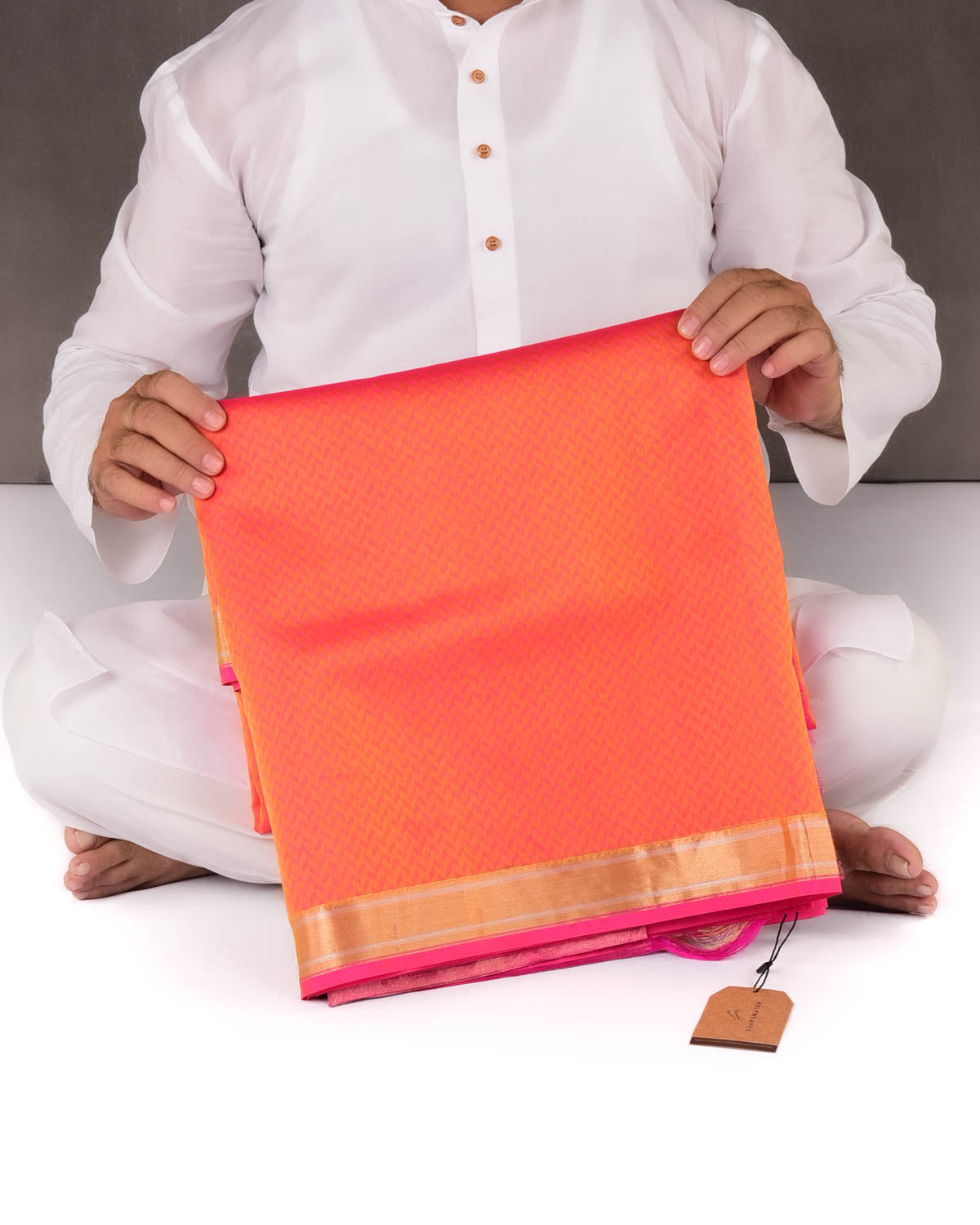 Shot Pink-Orange Banarasi Watermark Herring Bone Tanchoi Handwoven Kora Silk Saree with Gold Zari Border Pallu-HolyWeaves