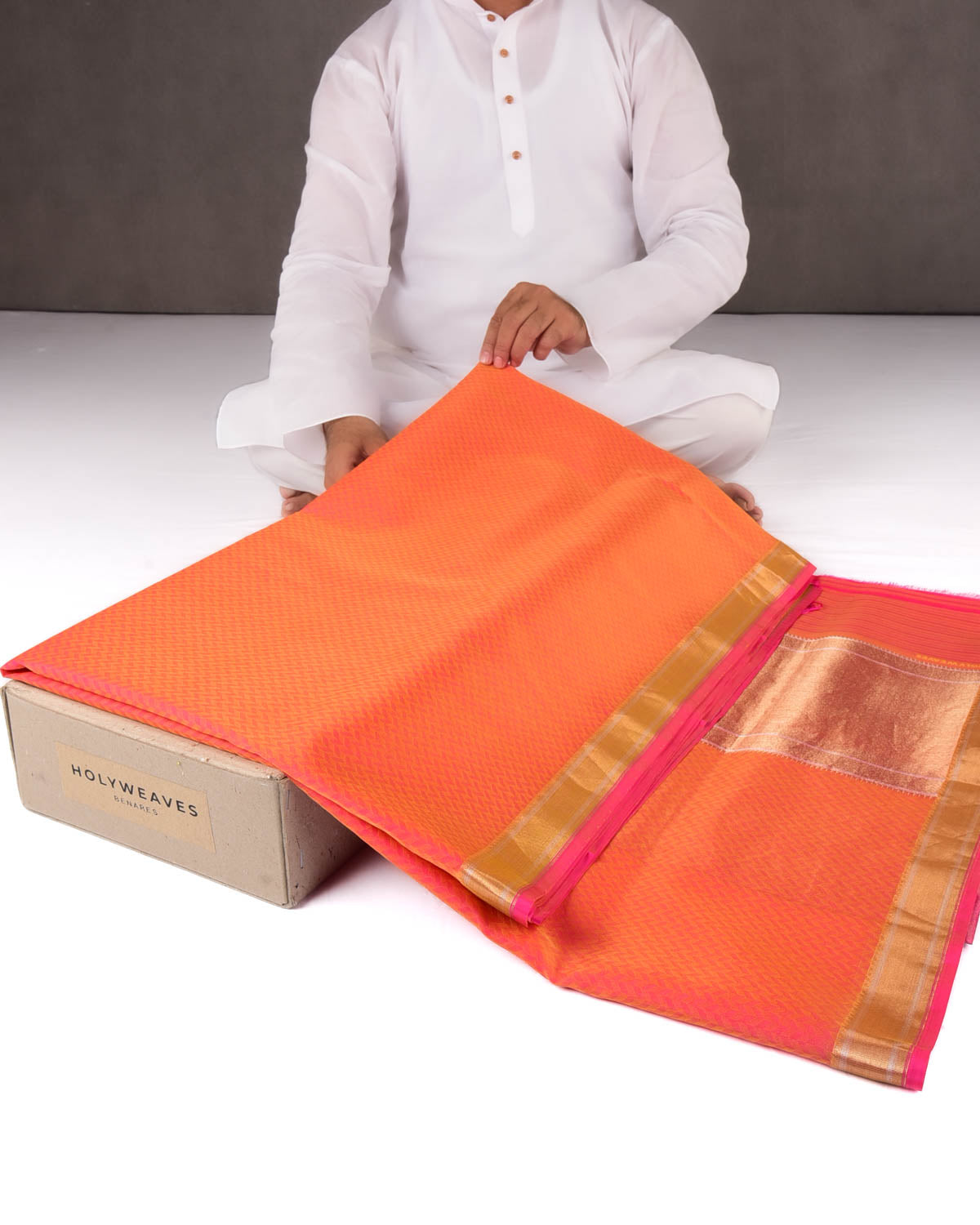 Shot Pink-Orange Banarasi Watermark Herring Bone Tanchoi Handwoven Kora Silk Saree with Gold Zari Border Pallu-HolyWeaves