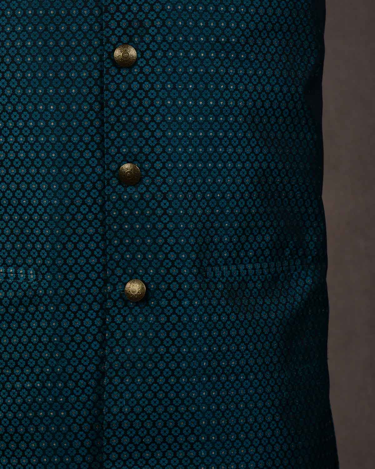 Rama Green Tanchoi Brocade Handwoven Silk Mens Modi Jacket with Gold Zari Accents-HolyWeaves