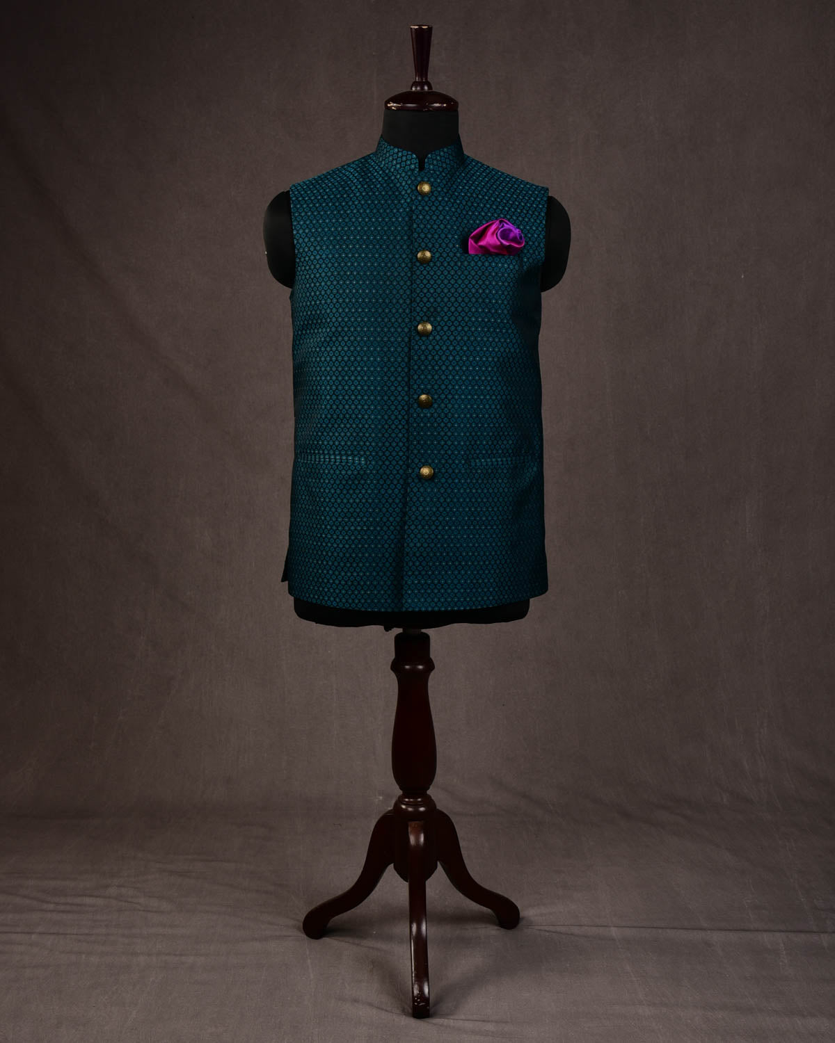 Rama Green Tanchoi Brocade Handwoven Silk Mens Modi Jacket with Gold Zari Accents-HolyWeaves