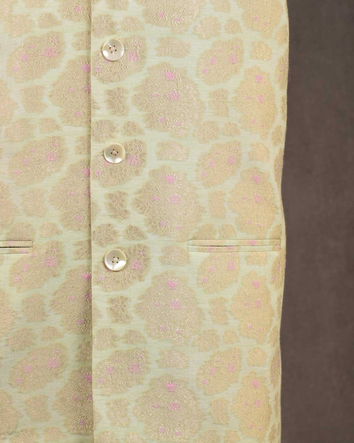 Honeydew Green Gold Zari & Pink Resham Brocade Handwoven Cotton Silk Mens Modi Jacket-HolyWeaves