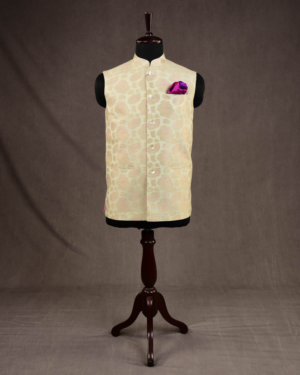 Honeydew Green Gold Zari & Pink Resham Brocade Handwoven Cotton Silk Mens Modi Jacket-HolyWeaves