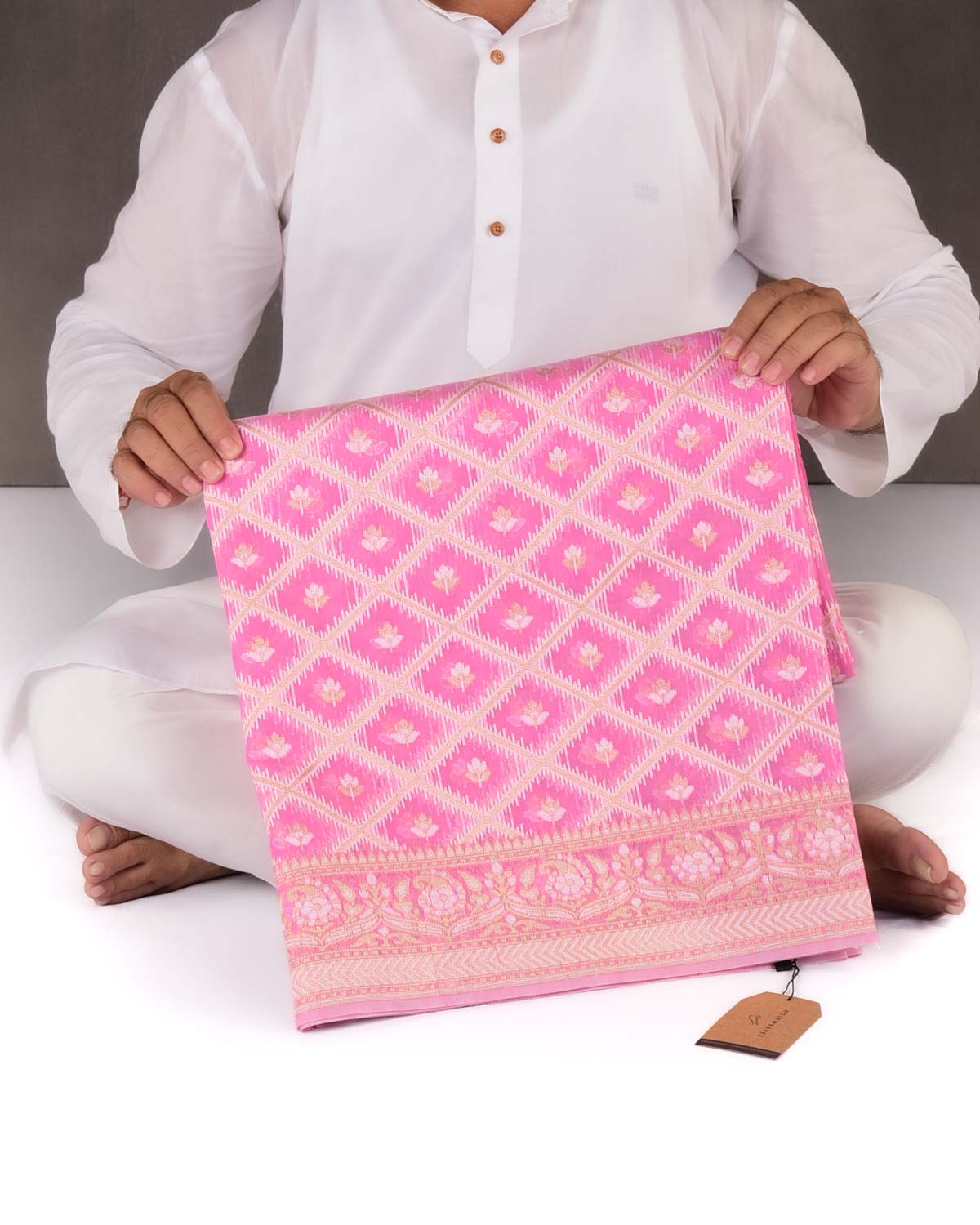 Blush Pink Banarasi Zari & Resham Grids Cutwork Brocade Woven Art Cotton Silk Saree-HolyWeaves