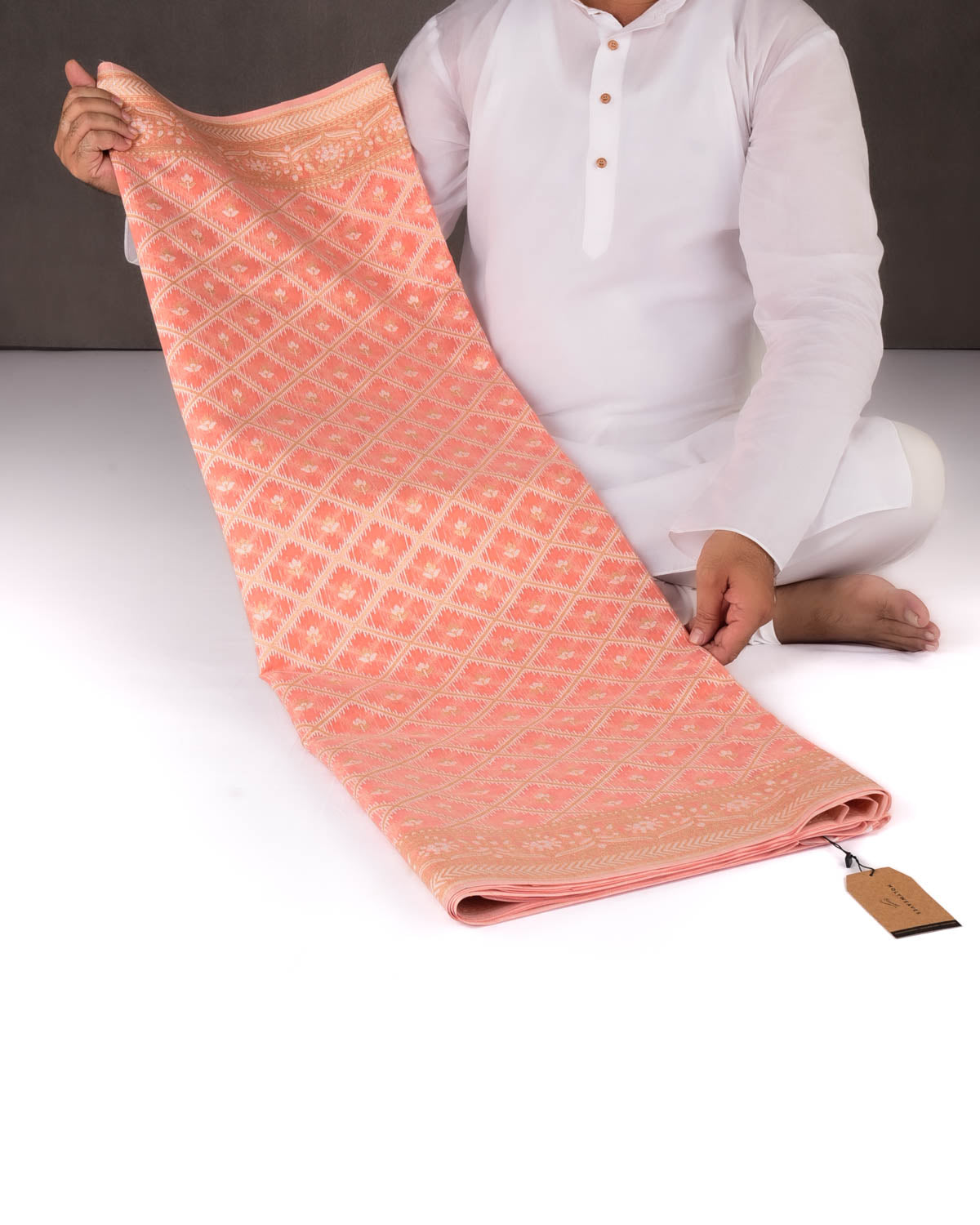 Peach Banarasi Zari & Resham Grids Cutwork Brocade Woven Art Cotton Silk Saree-HolyWeaves