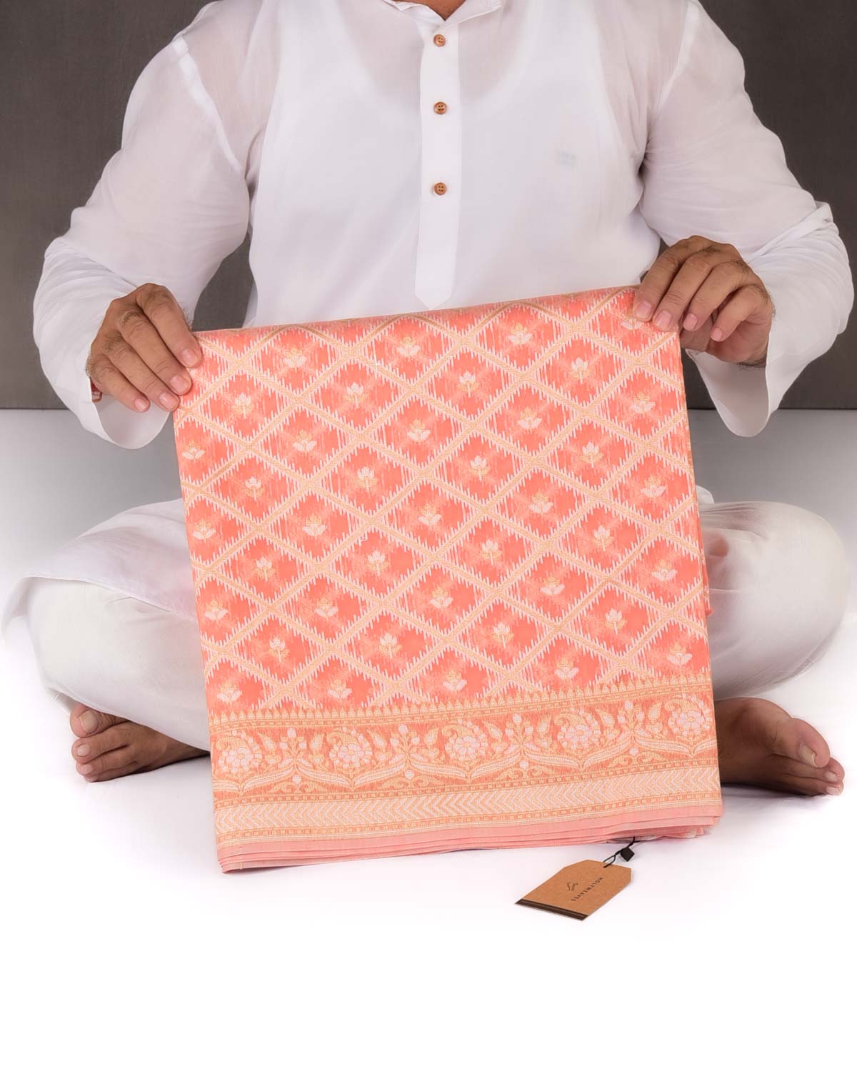 Peach Banarasi Zari & Resham Grids Cutwork Brocade Woven Art Cotton Silk Saree-HolyWeaves