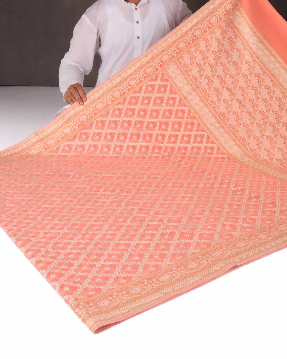 Peach Banarasi Zari & Resham Grids Cutwork Brocade Woven Art Cotton Silk Saree-HolyWeaves