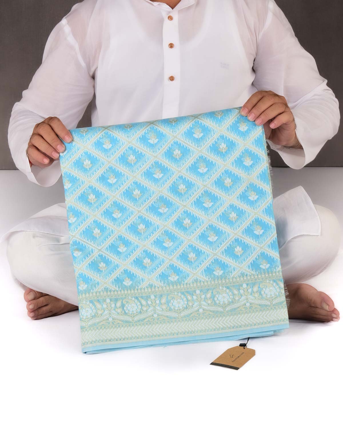 Sky Blue Banarasi Zari & Resham Grids Cutwork Brocade Woven Art Cotton Silk Saree-HolyWeaves