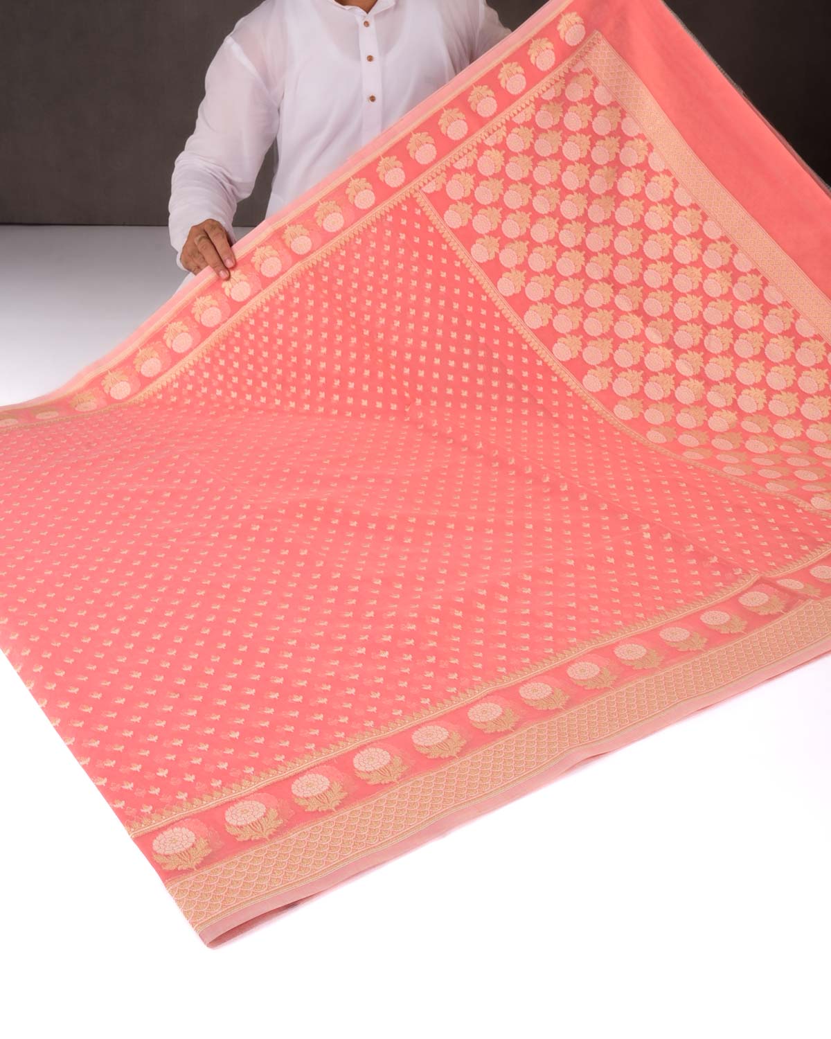 Peach Banarasi Zari & Resham Buti Cutwork Brocade Woven Art Cotton Silk Saree-HolyWeaves