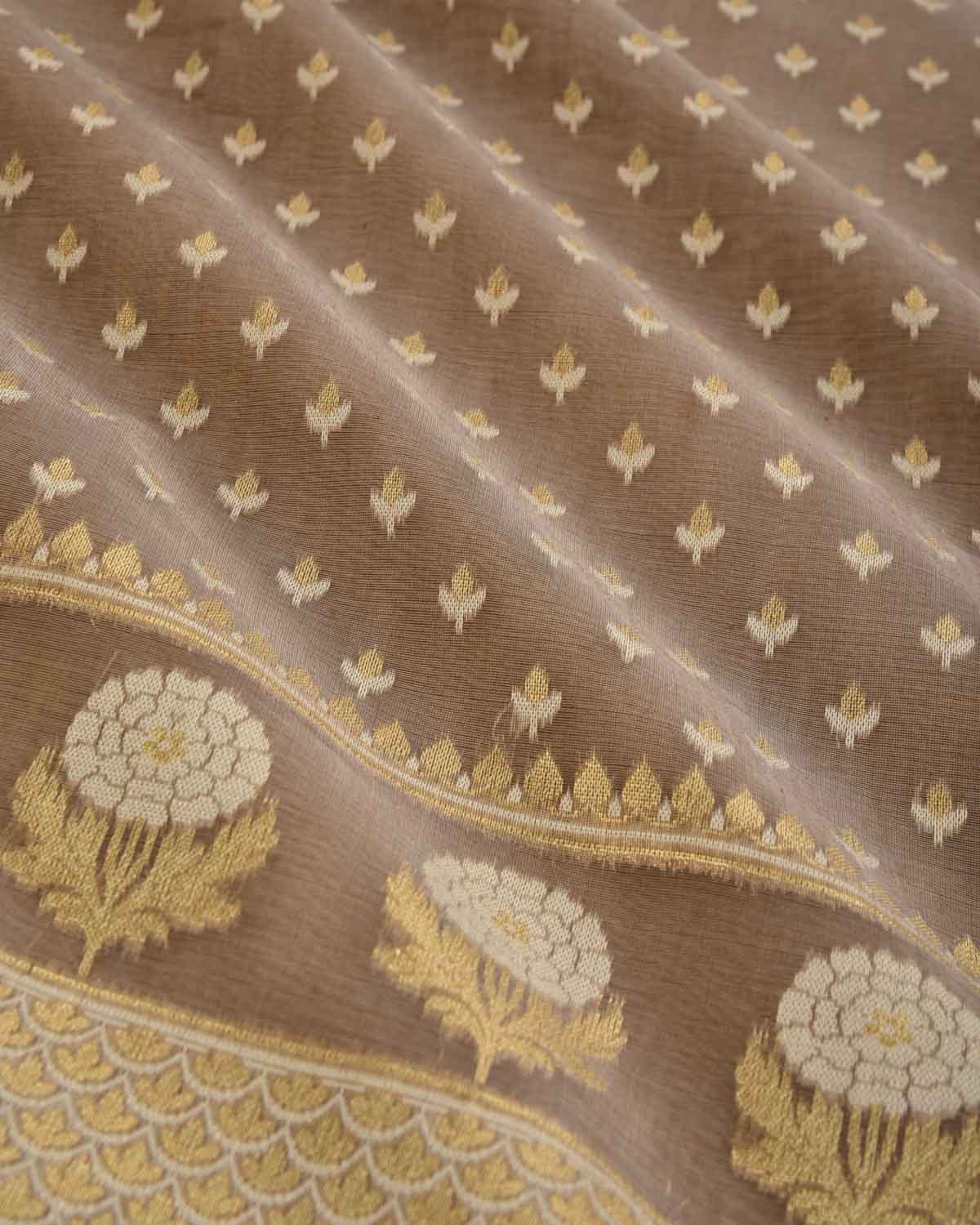 Brown Banarasi Zari & Resham Buti Cutwork Brocade Woven Art Cotton Silk Saree-HolyWeaves