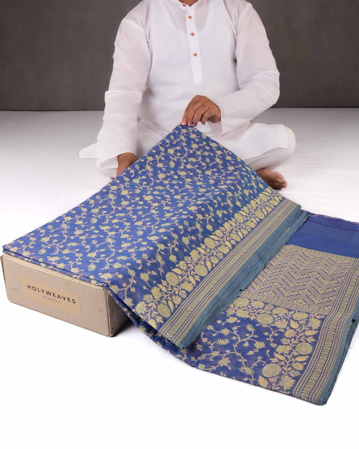 Shot Blue Banarasi Resham Floral Jaal Cutwork Brocade Woven Art Cotton Silk Saree-HolyWeaves