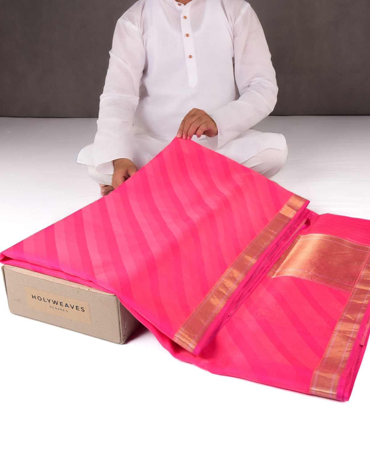 Fuchsia Pink Banarasi Watermark Diagonal Stripes Tanchoi Handwoven Kora Silk Saree with Gold Zari Border Pallu-HolyWeaves