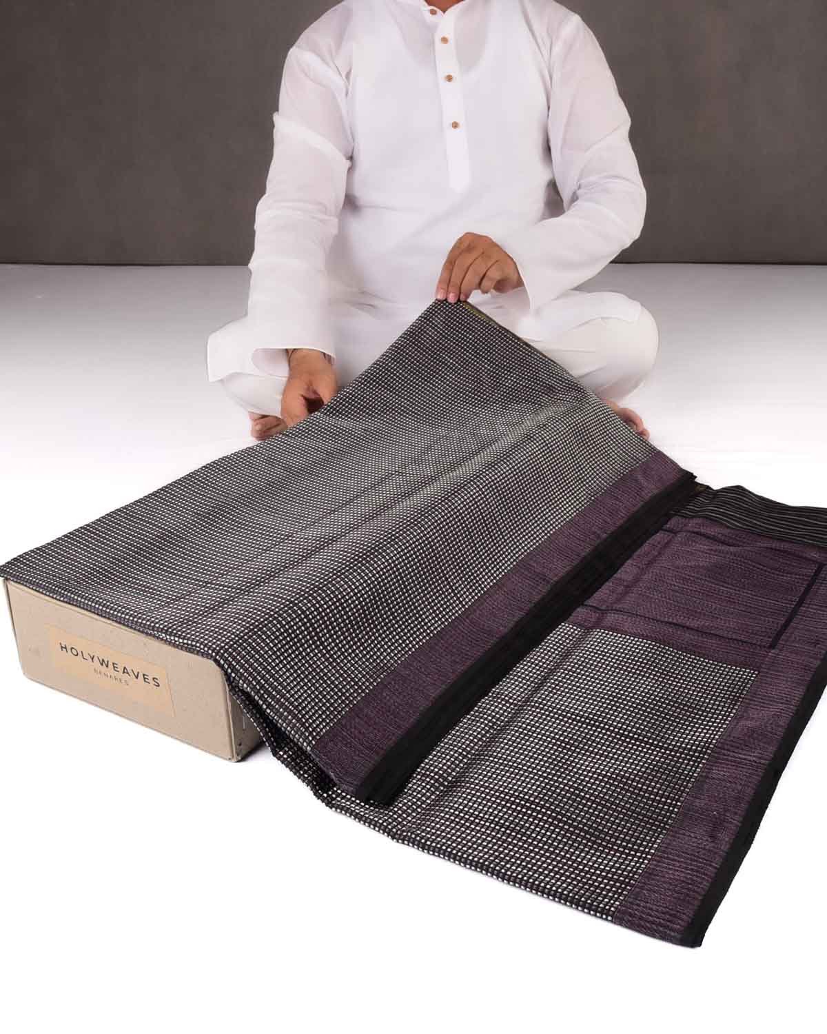 Black Banarasi Resham & Zari Stripes Brocade Handwoven Katan Silk Saree with Multicolor Resham Border Pallu-HolyWeaves