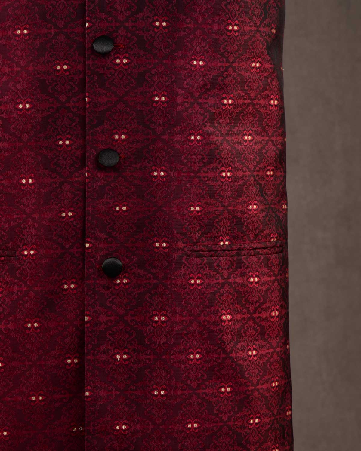 Maroon Tanchoi Katan Silk Mens Modi Jacket-HolyWeaves